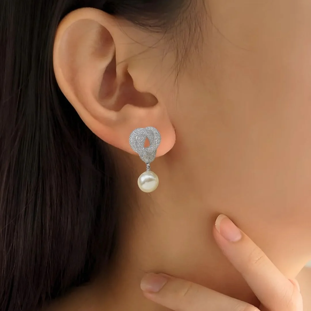 Iridescent Twist And Pearl Drop Earrings Silver - Image 2