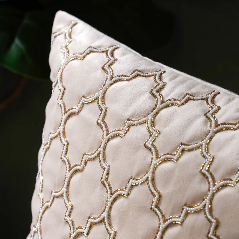 Jaal Karigari Traditional Velvet Cushion Cover Beige 16 x 16 Inch - Image 7