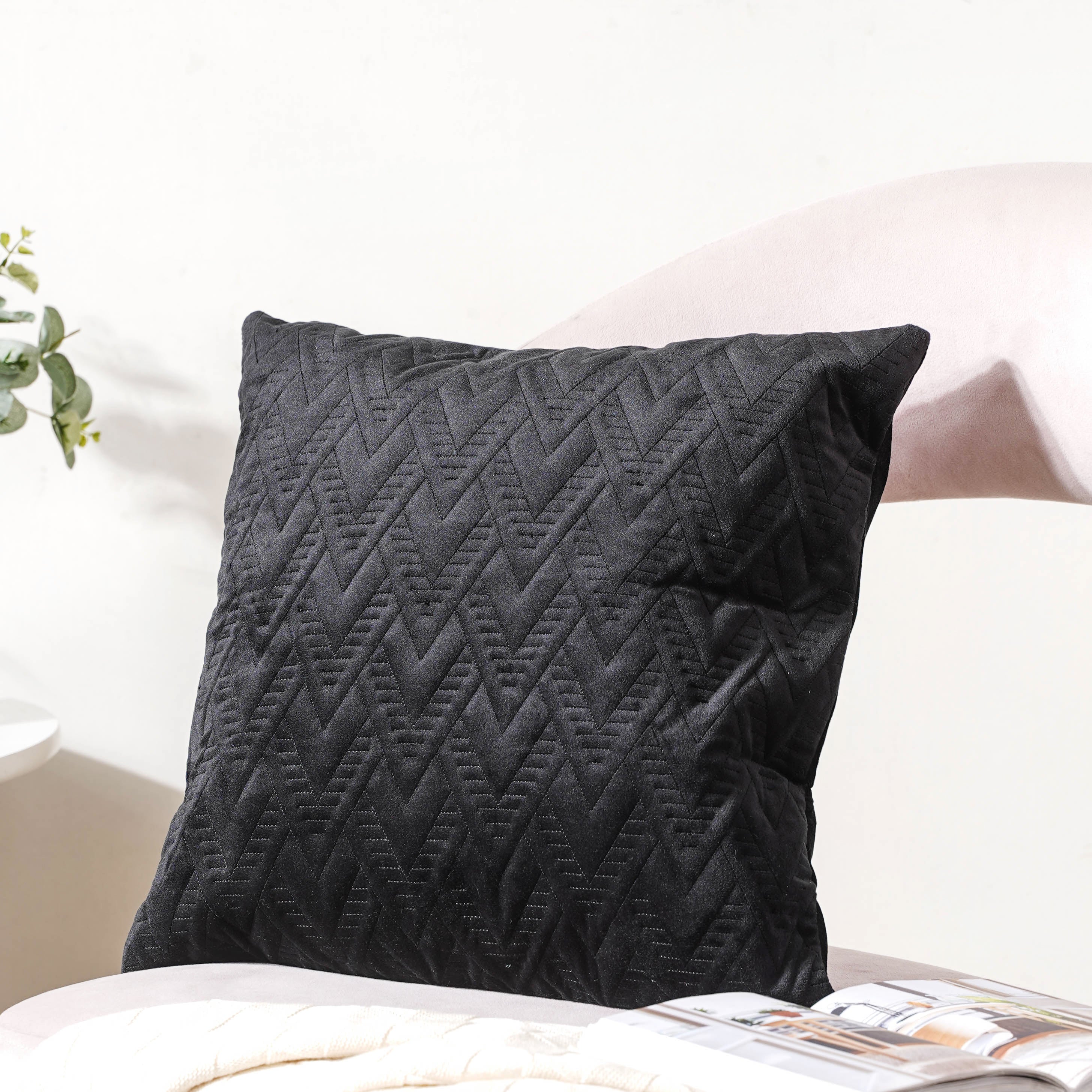 Jet Black Abstract Quilted Velvet Cushion Cover 16 inch - Image 6