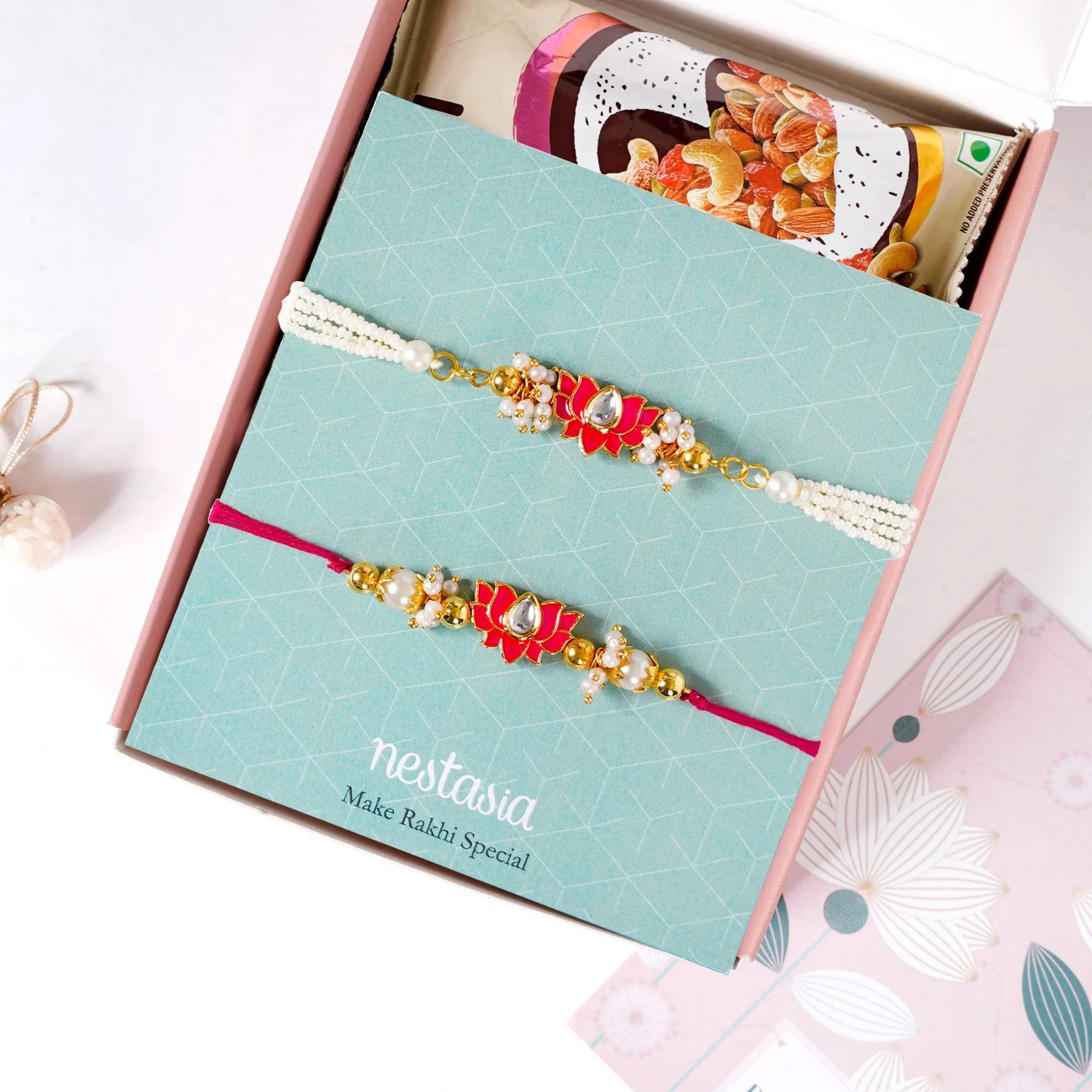 Kundan Lotus Rakhi Hamper For Couple - Image 8