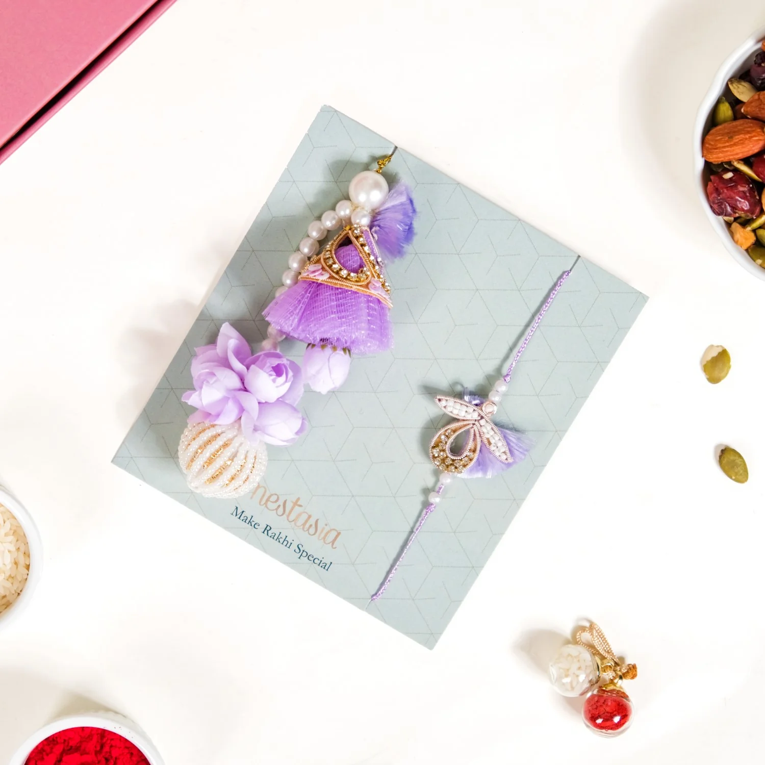 Lavender Couple Rakhi Gift Set Of 4 With Box And Card - Image 3
