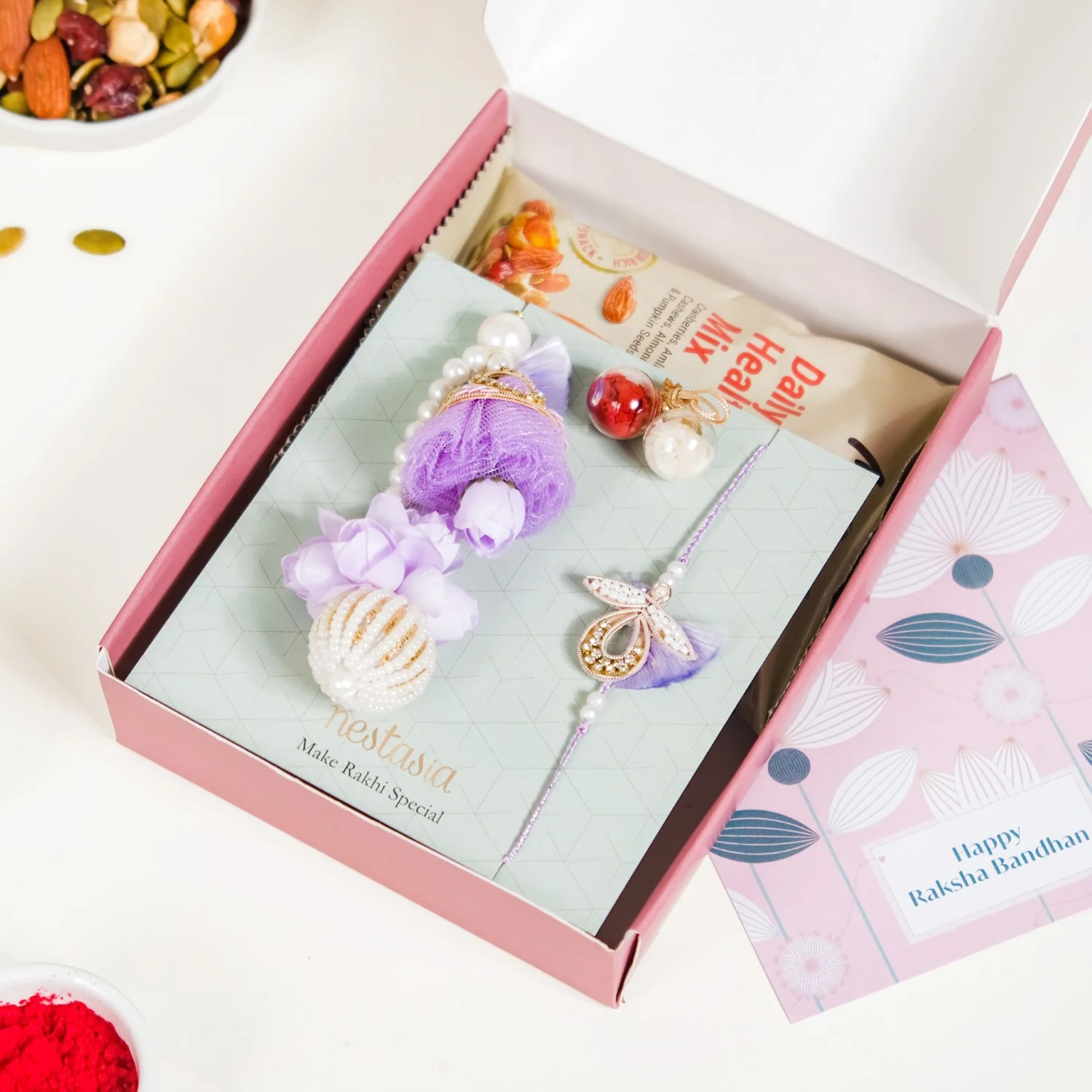 Lavender Couple Rakhi Gift Set Of 4 With Box And Card - Image 4