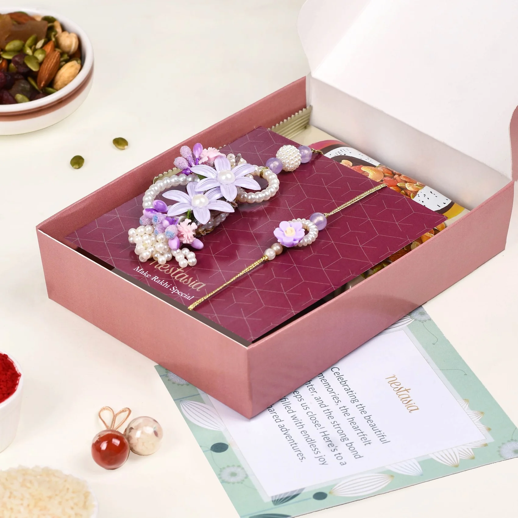 Lavender Pearl Rakhi Lumba Set Of 4 With Gift Box And Card - Image 13