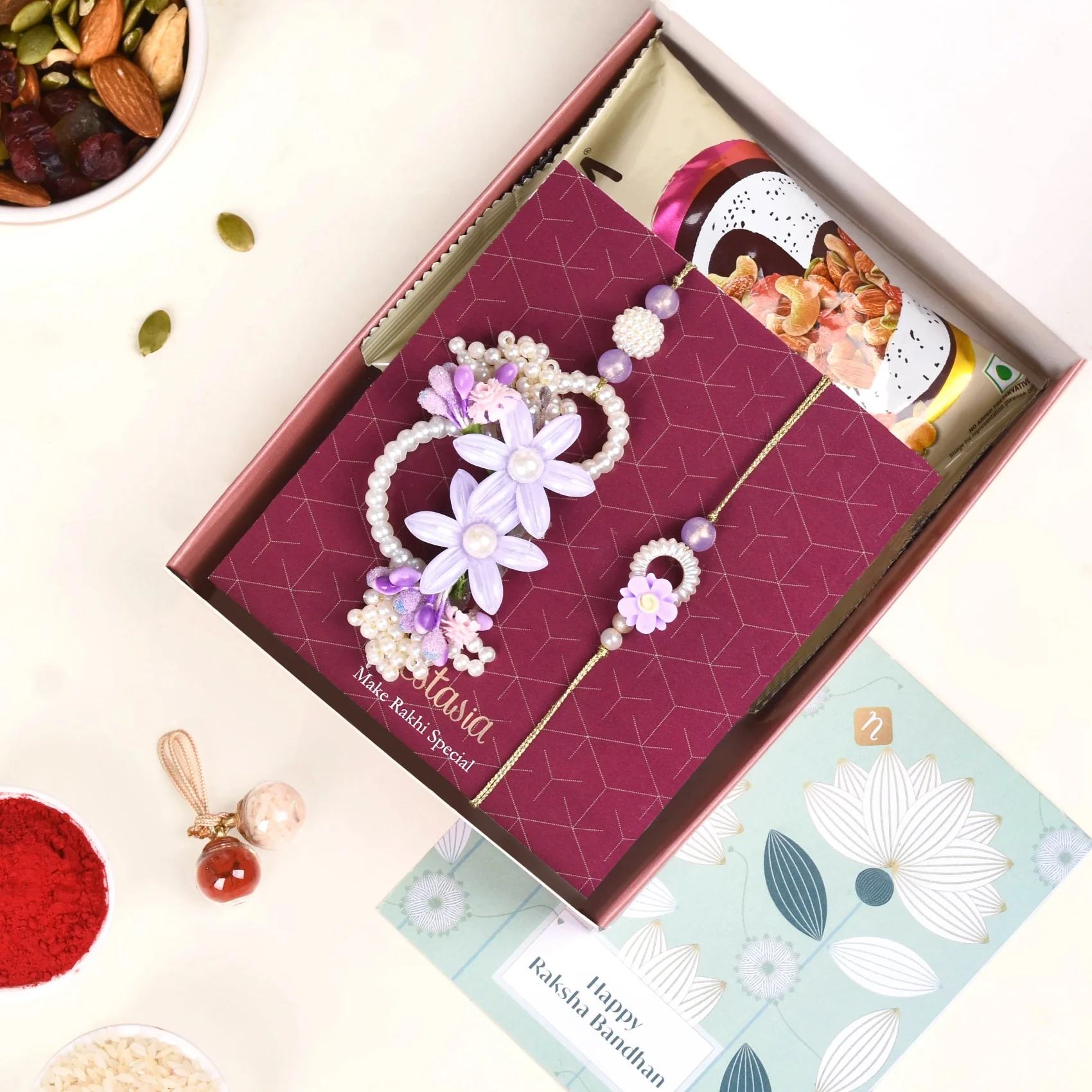 Lavender Pearl Rakhi Lumba Set Of 4 With Gift Box And Card - Image 2