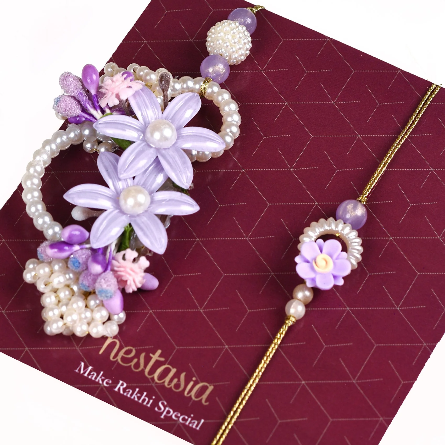 Lavender Pearl Rakhi Lumba Set Of 4 With Gift Box And Card - Image 4