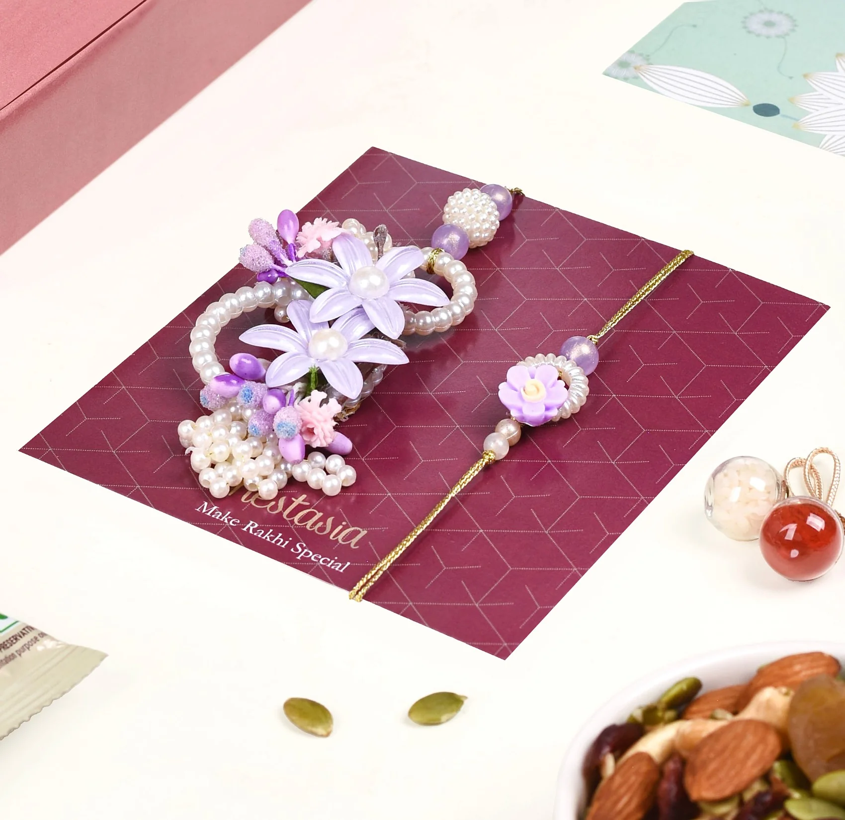 Lavender Pearl Rakhi Lumba Set Of 4 With Gift Box And Card - Image 5