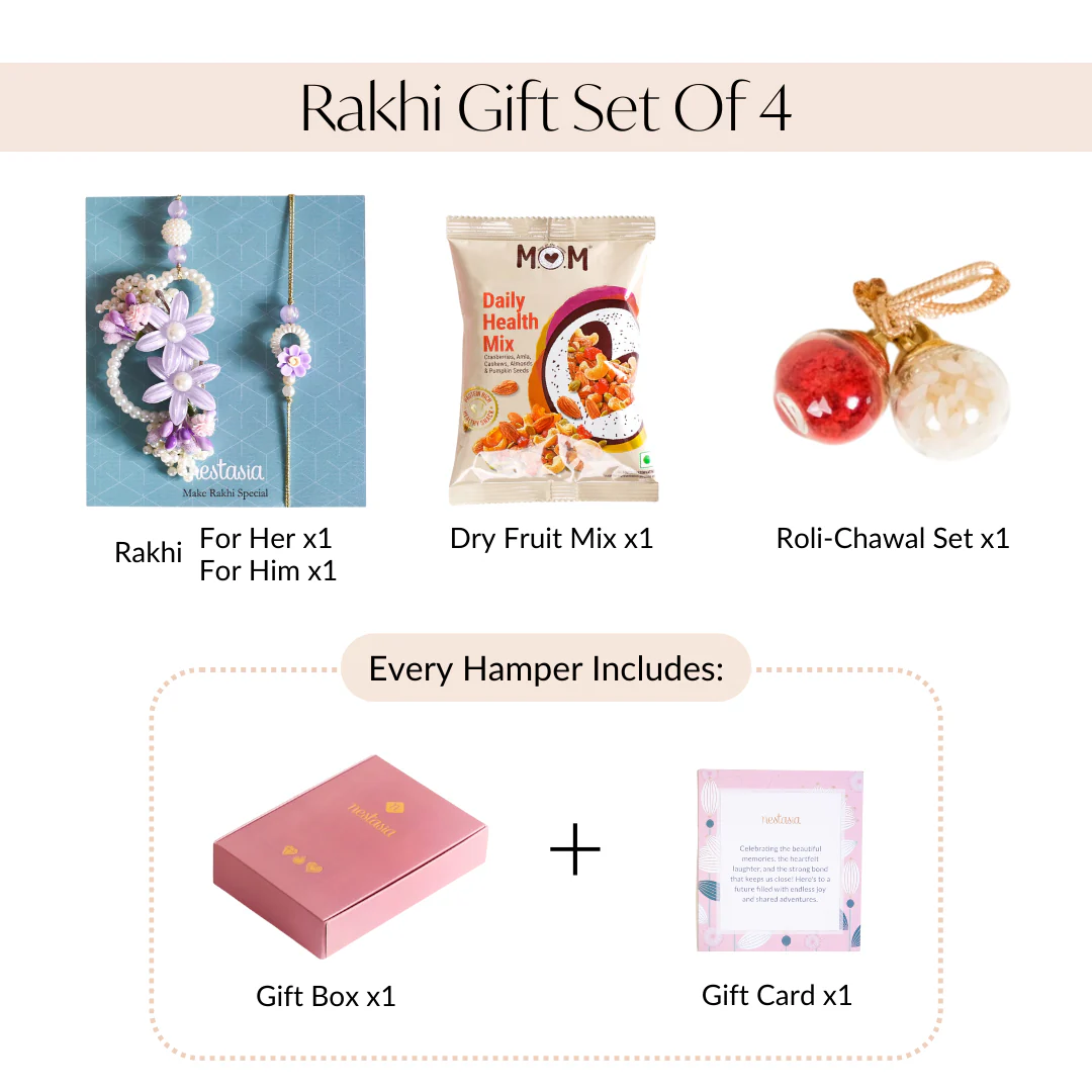 Lavender Pearl Rakhi Lumba Set Of 4 With Gift Box And Card - Image 6