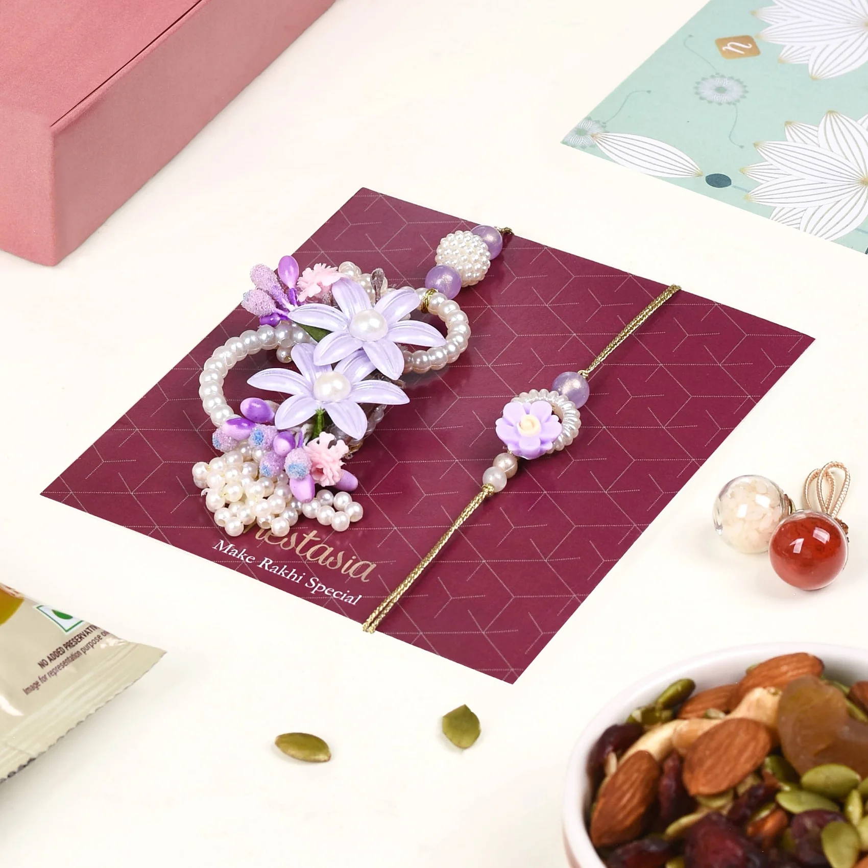 Lavender Pearl Rakhi Lumba Set Of 4 With Gift Box And Card - Image 8