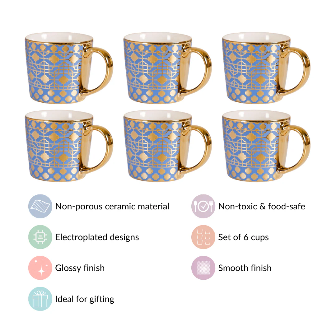 Lavish Gold Teacup Set of 6 Blue 280ml - Image 4
