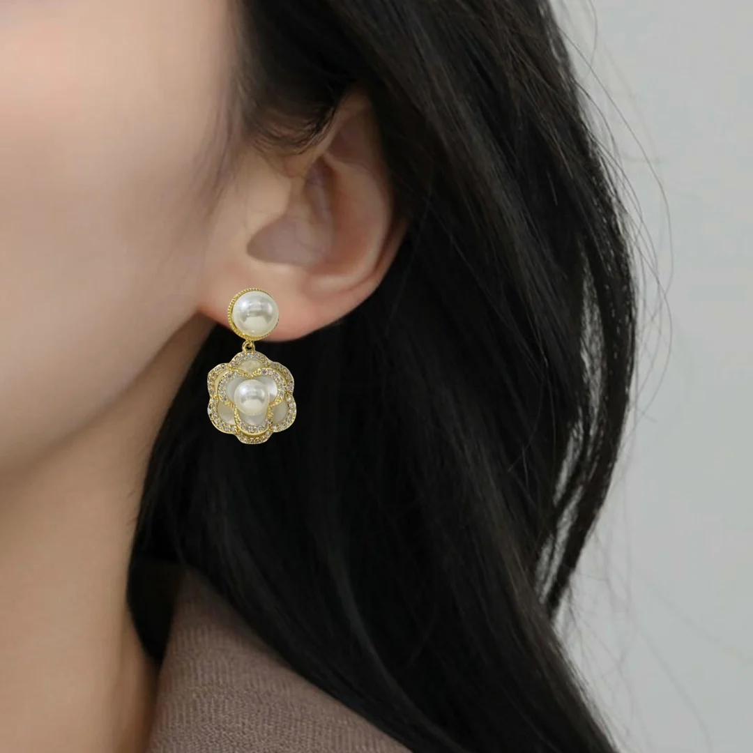 Layered Floral Pearl Earrings - Image 5