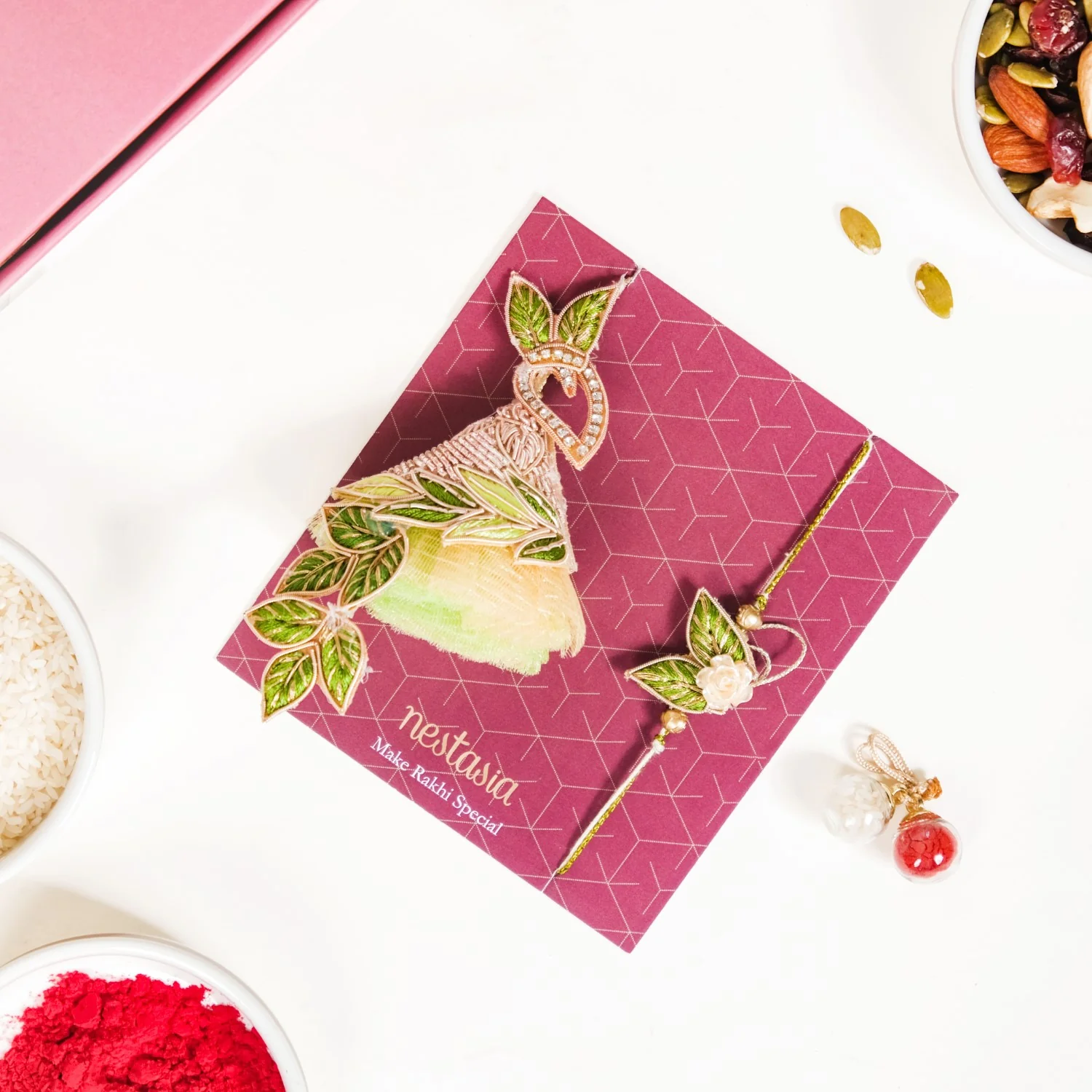 Leafy Artisanal Rakhi Lumba Hamper Set Of 4 With Box And Card - Image 3