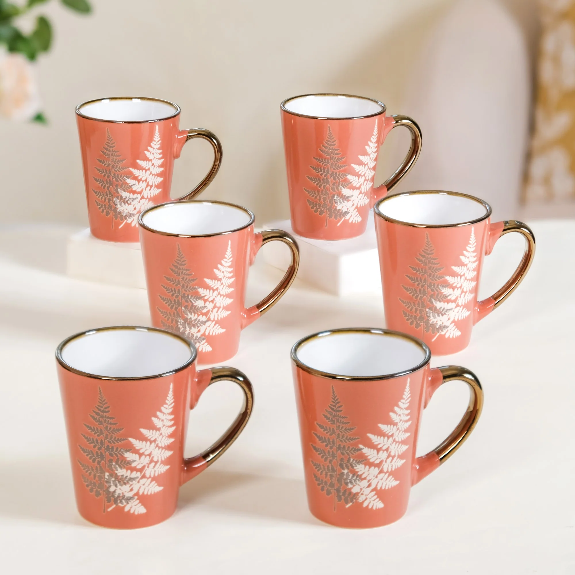 Fern Leaves Ceramic Mug Set Of 6 Coral Orange 350ml - Image 2