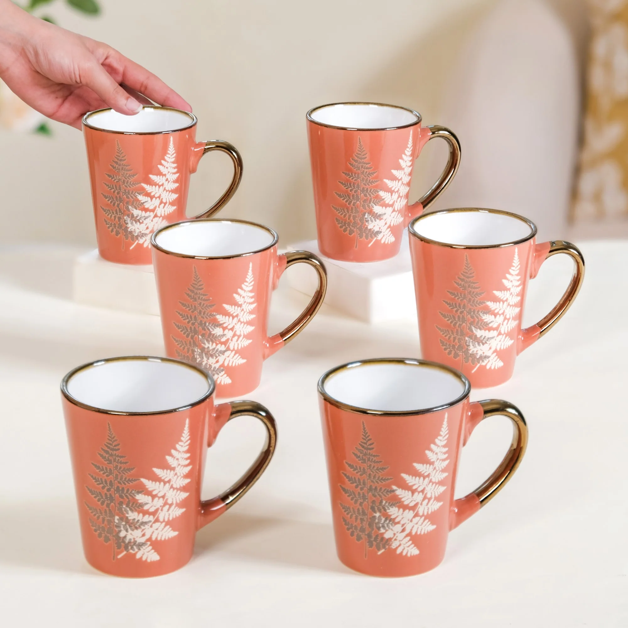 Fern Leaves Ceramic Mug Set Of 6 Coral Orange 350ml - Image 3