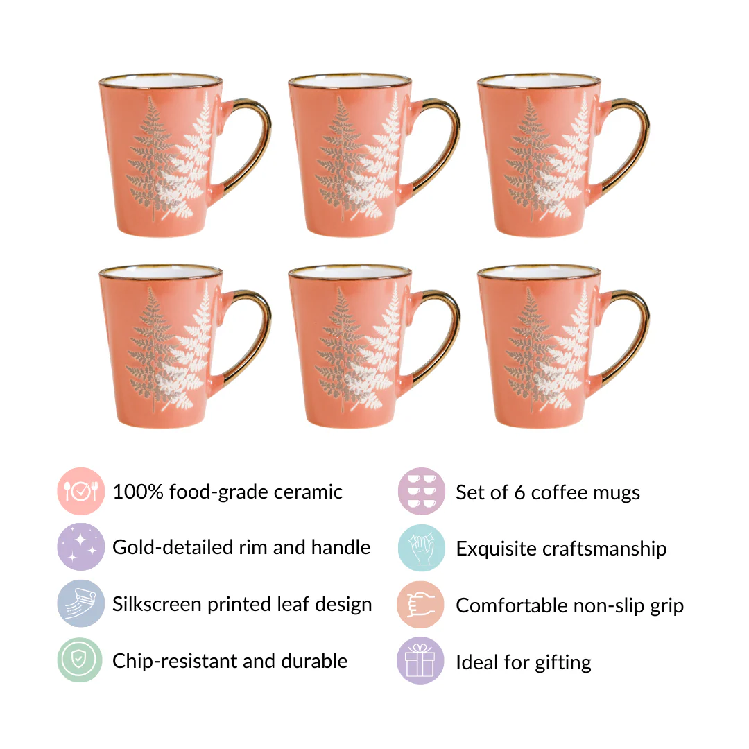 Fern Leaves Ceramic Mug Set Of 6 Coral Orange 350ml - Image 4