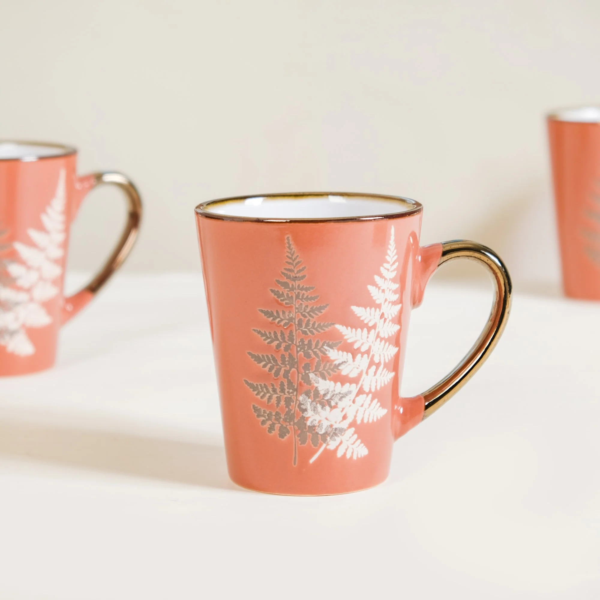 Fern Leaves Ceramic Mug Set Of 6 Coral Orange 350ml - Image 6
