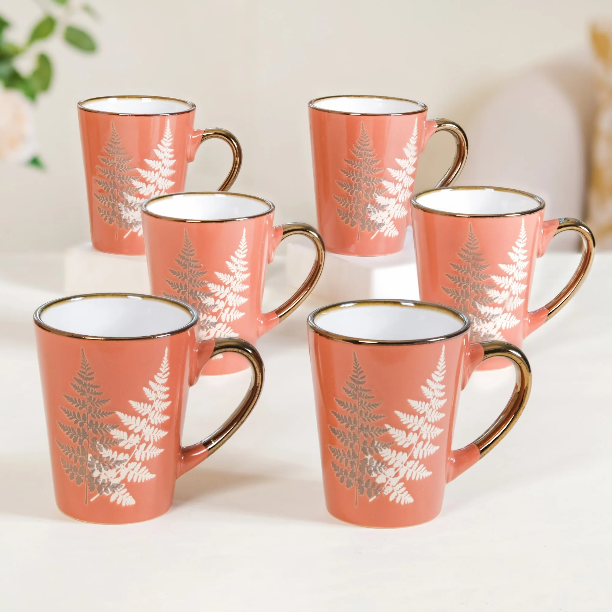 Fern Leaves Ceramic Mug Set Of 6 Coral Orange 350ml - Image 9