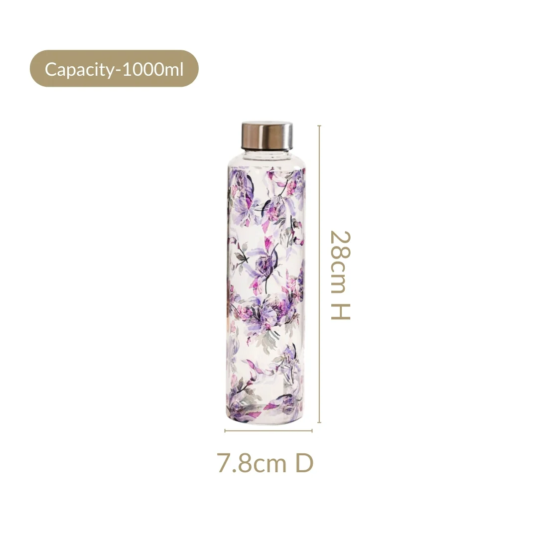 Leakproof Floral Glass Water Bottle With Stainless Steel Lid 1000ml - Image 4