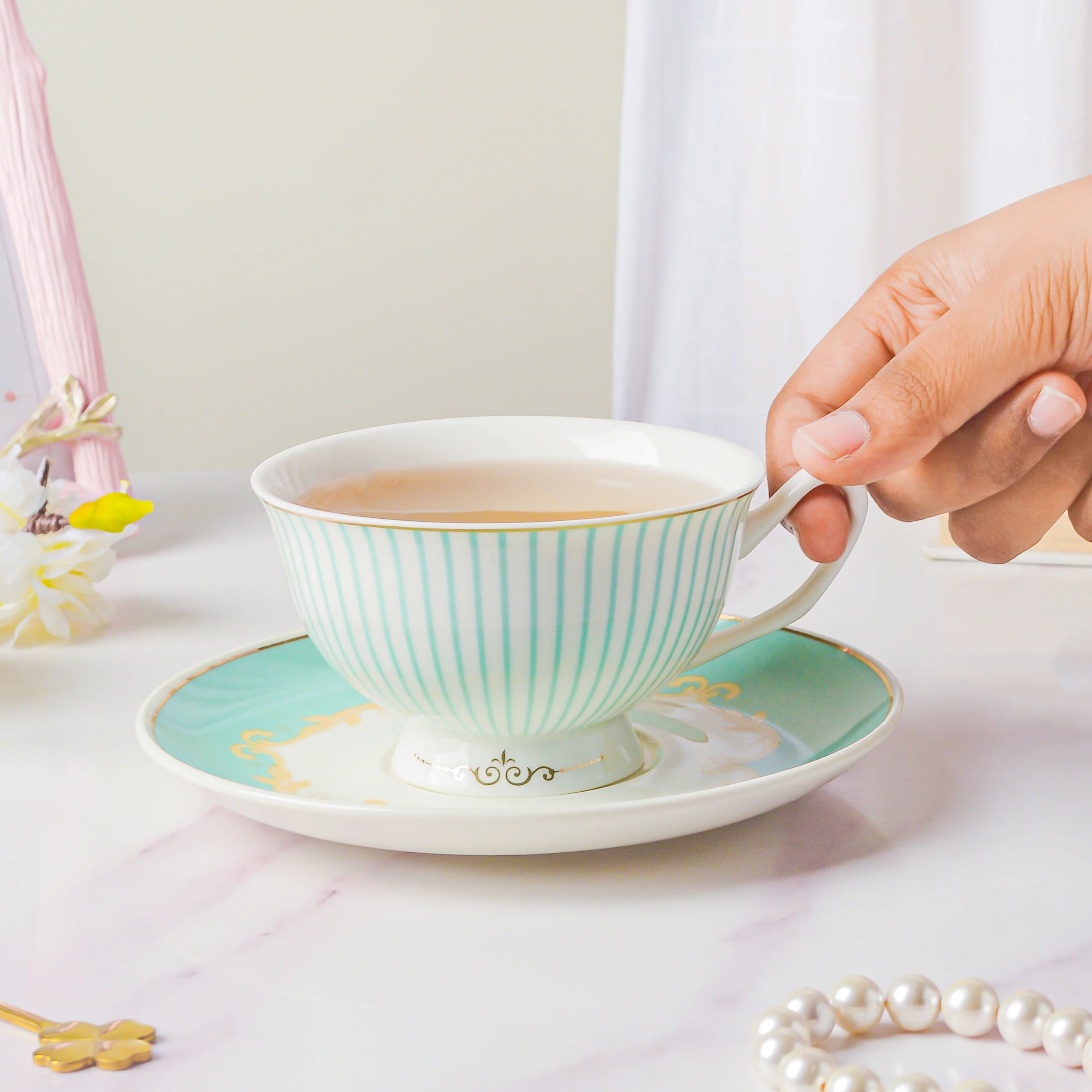 Lined English Teacup And Saucer Set Turquoise 150 ml - Image 2