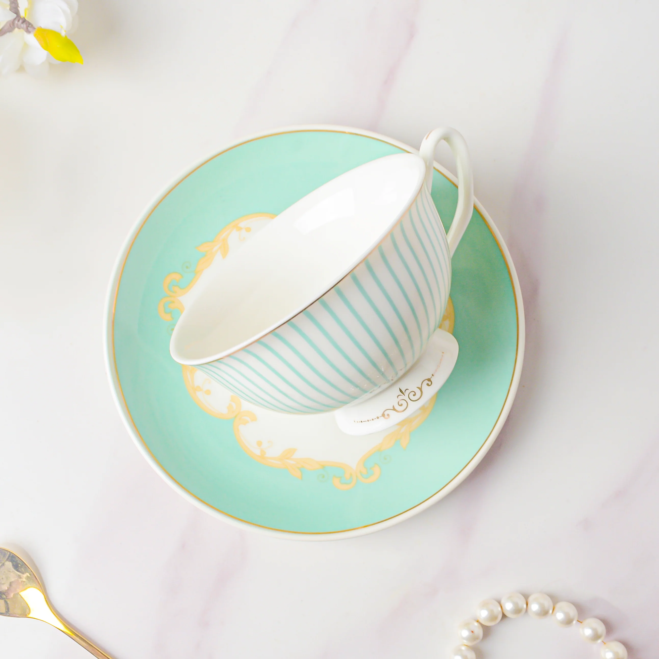 Lined English Teacup And Saucer Set Turquoise 150 ml - Image 5