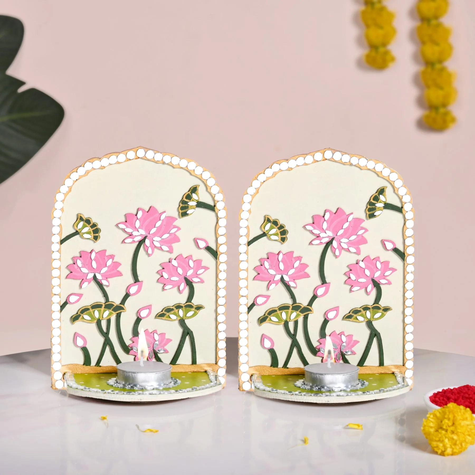 Lippan Wall Tealight Candle Holder With Mirror Work Set Of 2 - Image 2