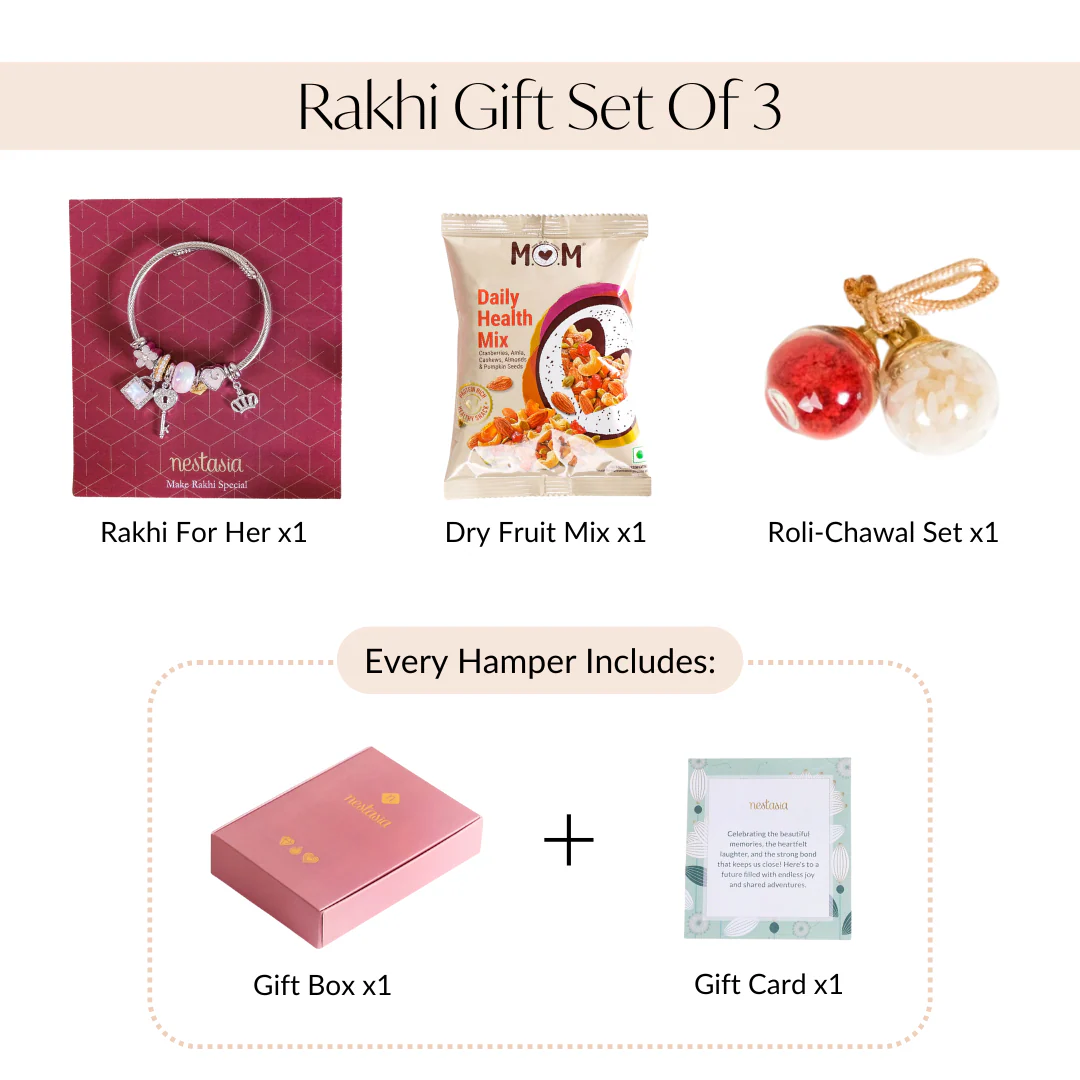 Lock And Key Charm Bracelet Rakhi Gift Set Of 3 With Box And Card - Image 4