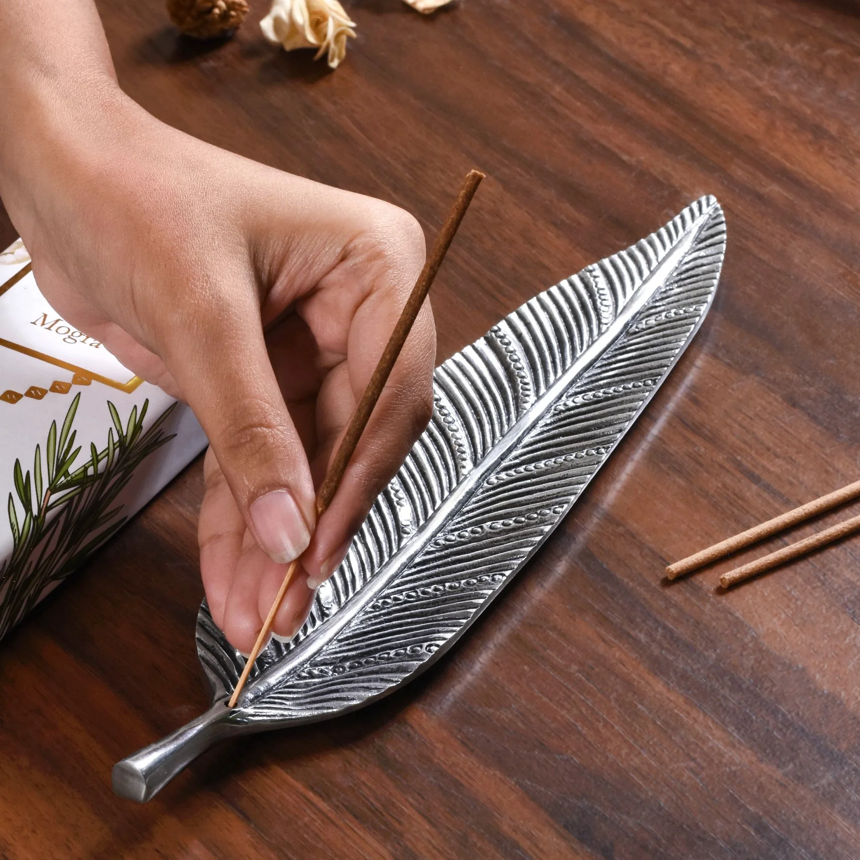 Long Leaf Incense Holder With Mogra Incense Sticks - Image 6