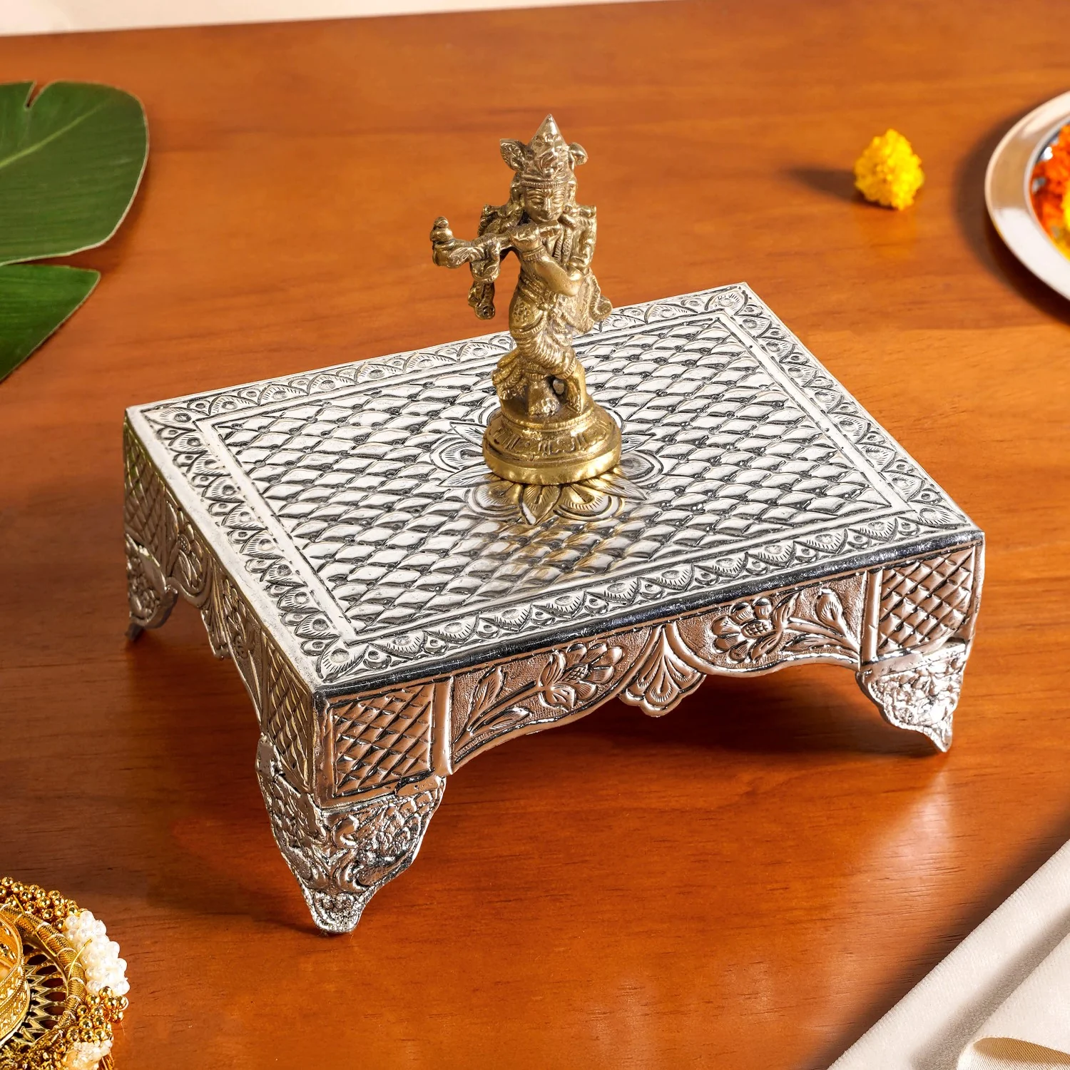 Lotus Design Pure Brass Puja Chowki With Silver Polish 20x15cm - Image 9