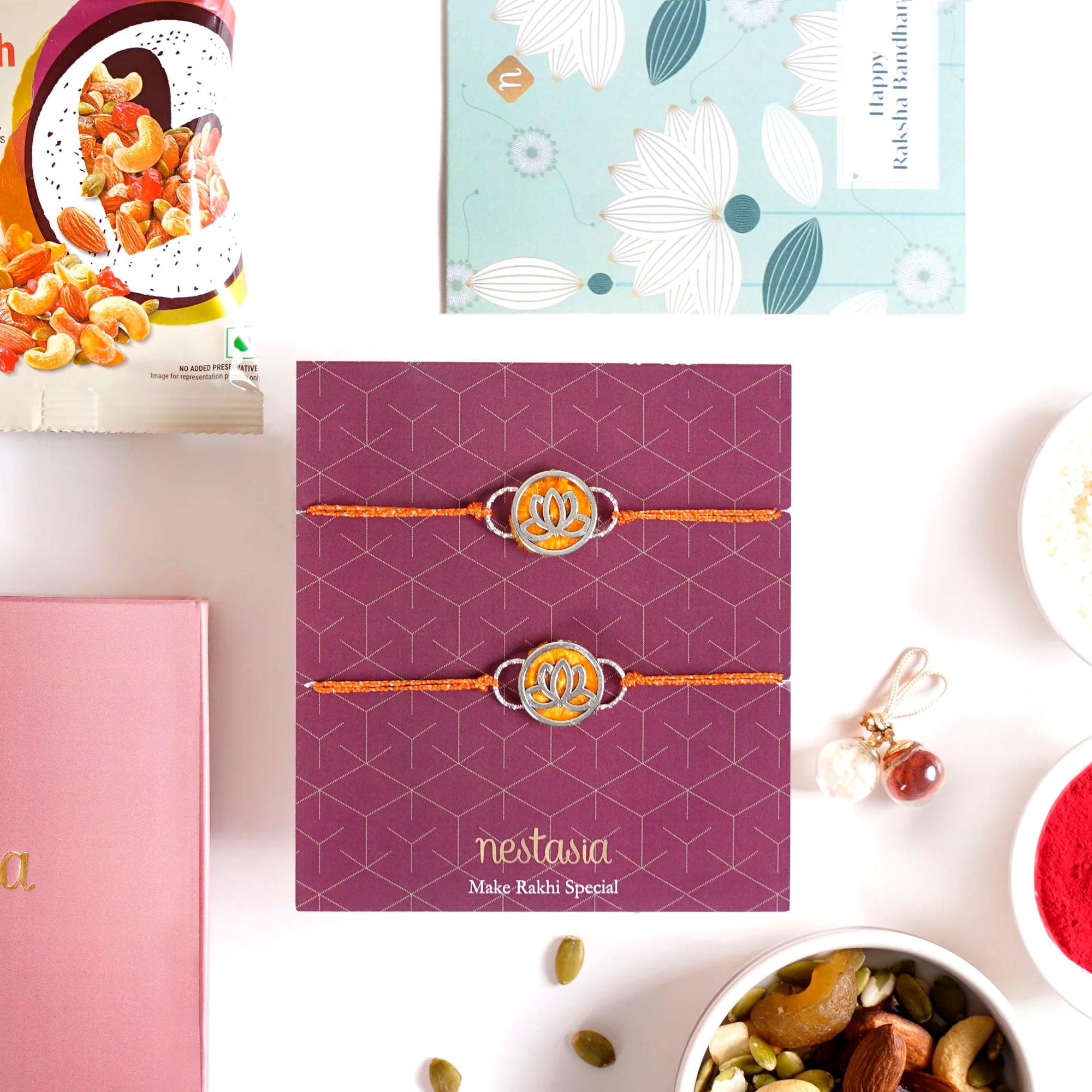 Lotus Rakhi Gift Set Of 4 With Box And Card - Image 2