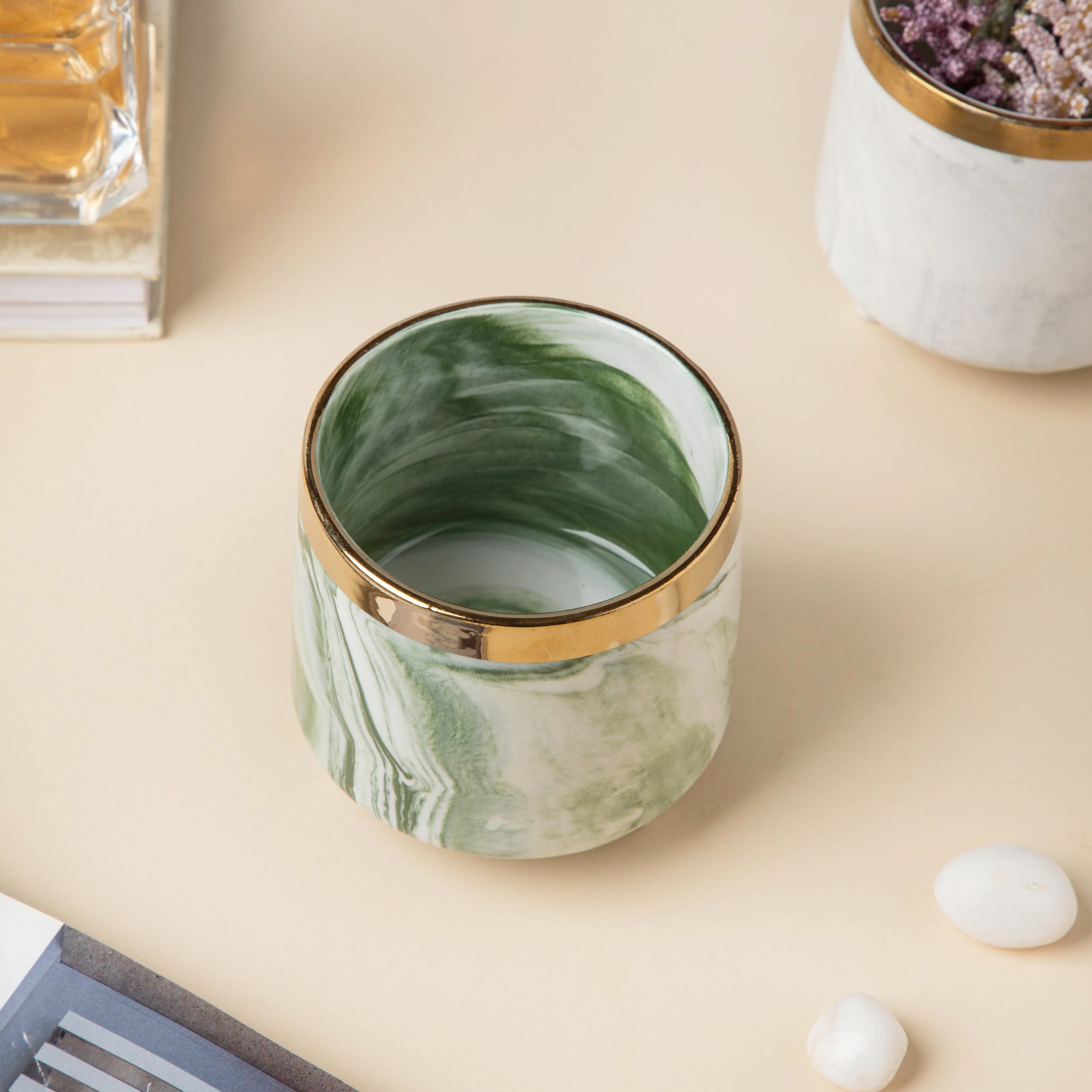 Luxe Ceramic Marble Planter Green With Legs - Image 5