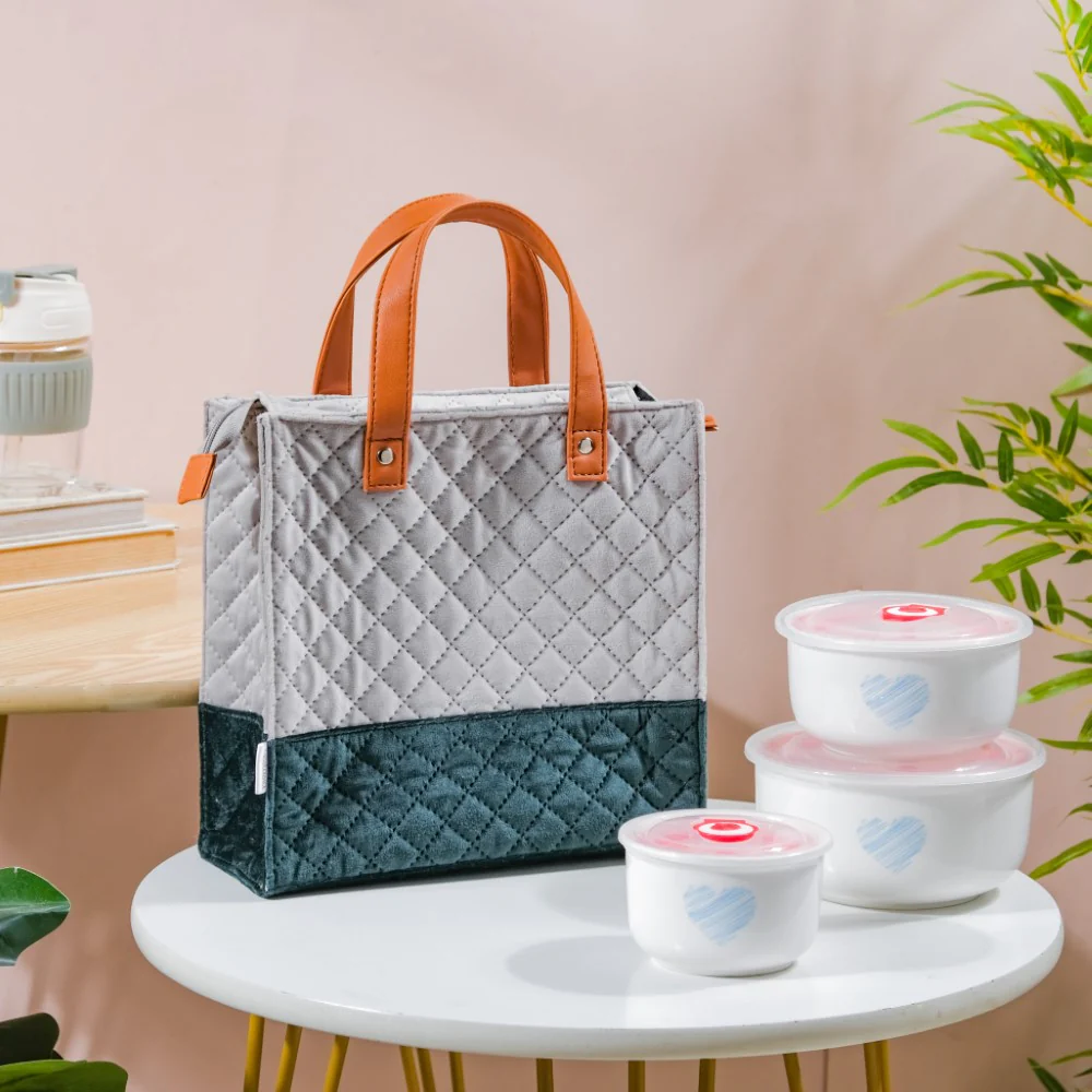 Luxe Velvet Lunch Bag Grey And Green - Image 4