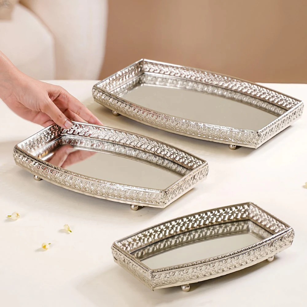 Luxury Mirror Tray Silver Set Of 3 - Image 2