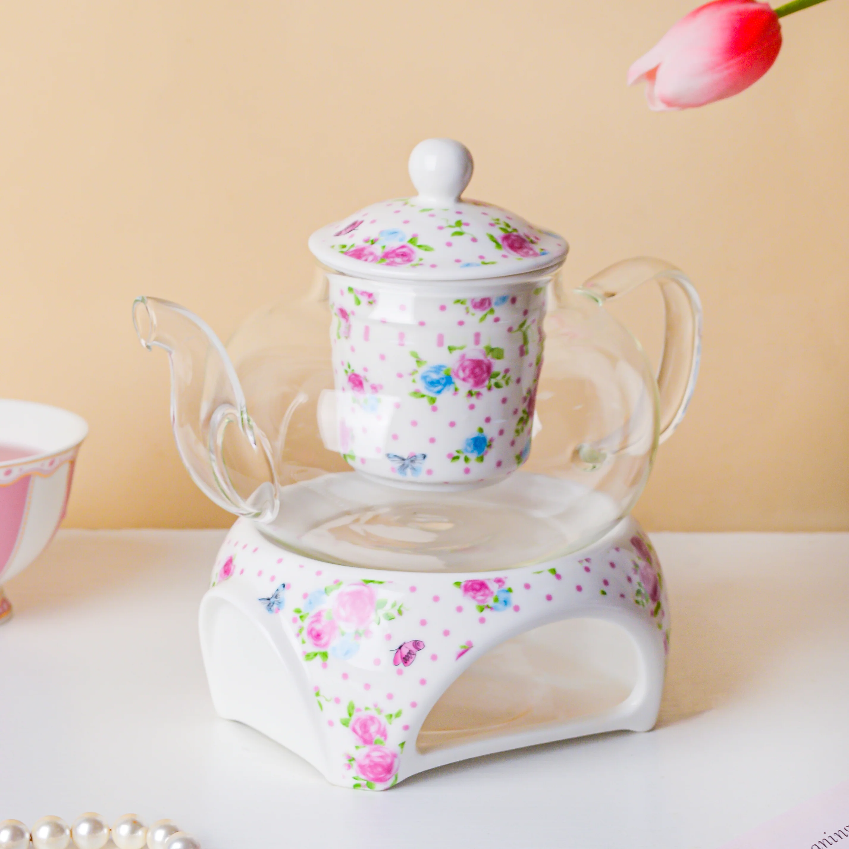 Magnolia Pink And Blue Glass Teapot With Warmer Base 700 ml - Image 5