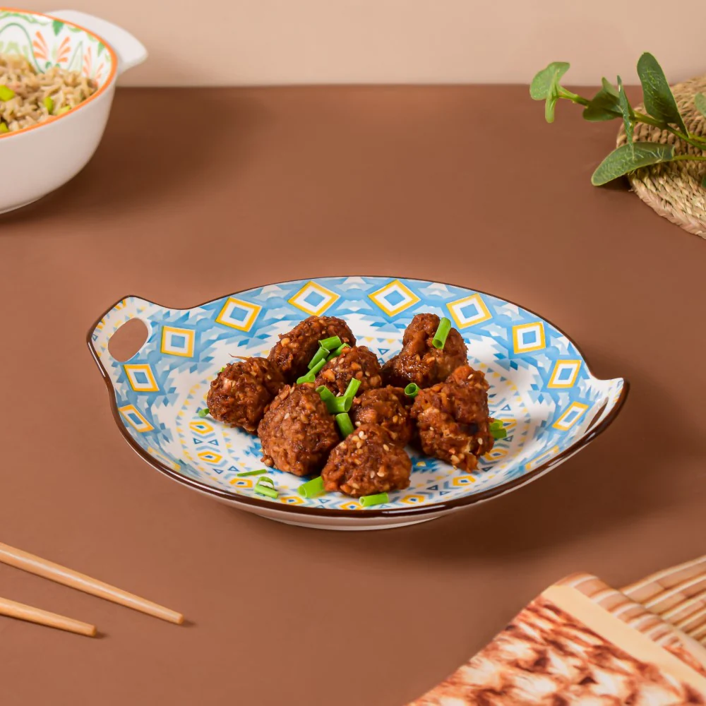 Mandala Blue Ceramic Round Plate With Handle - Image 4