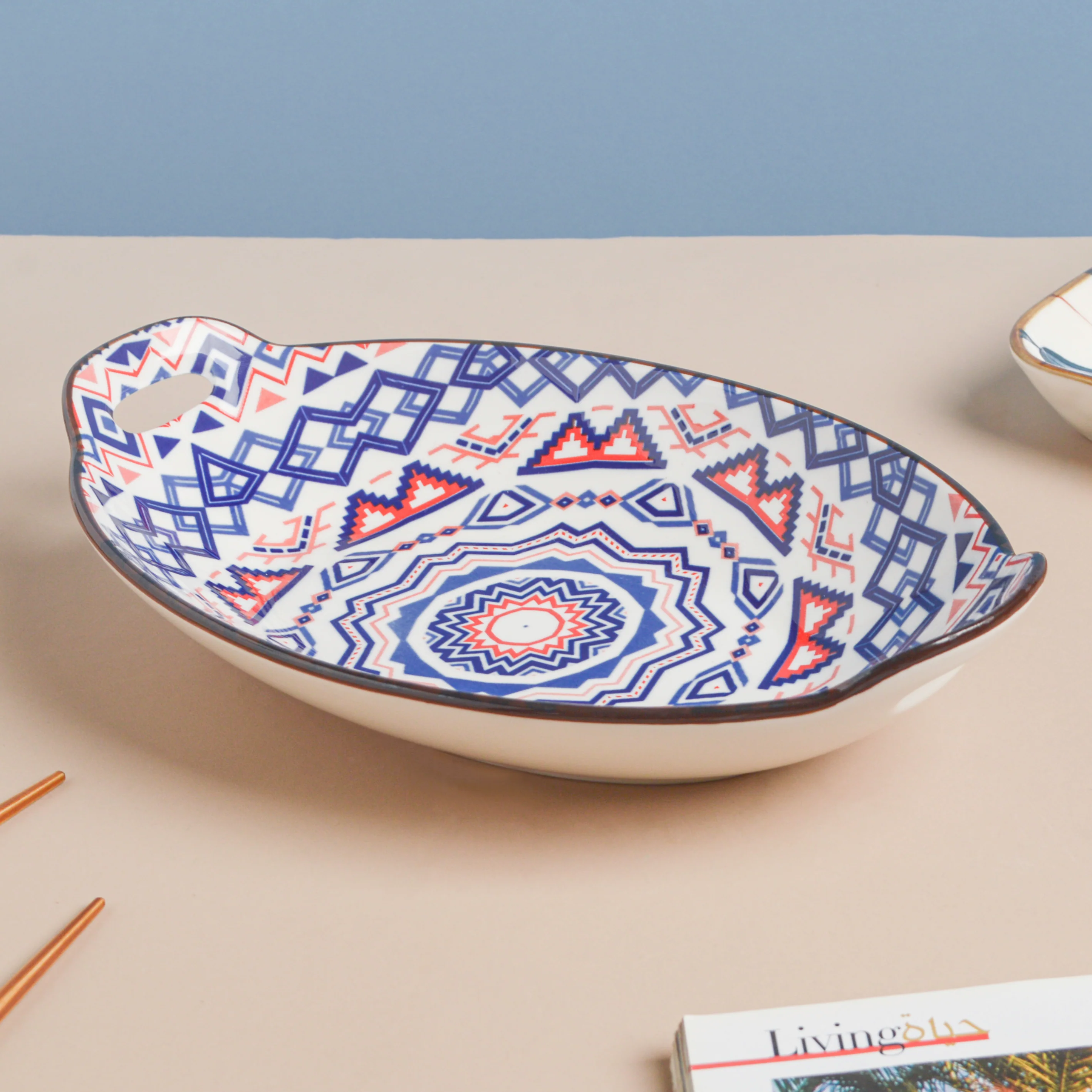 Mandala Blue Ceramic Baking Plate With Handle - Image 3