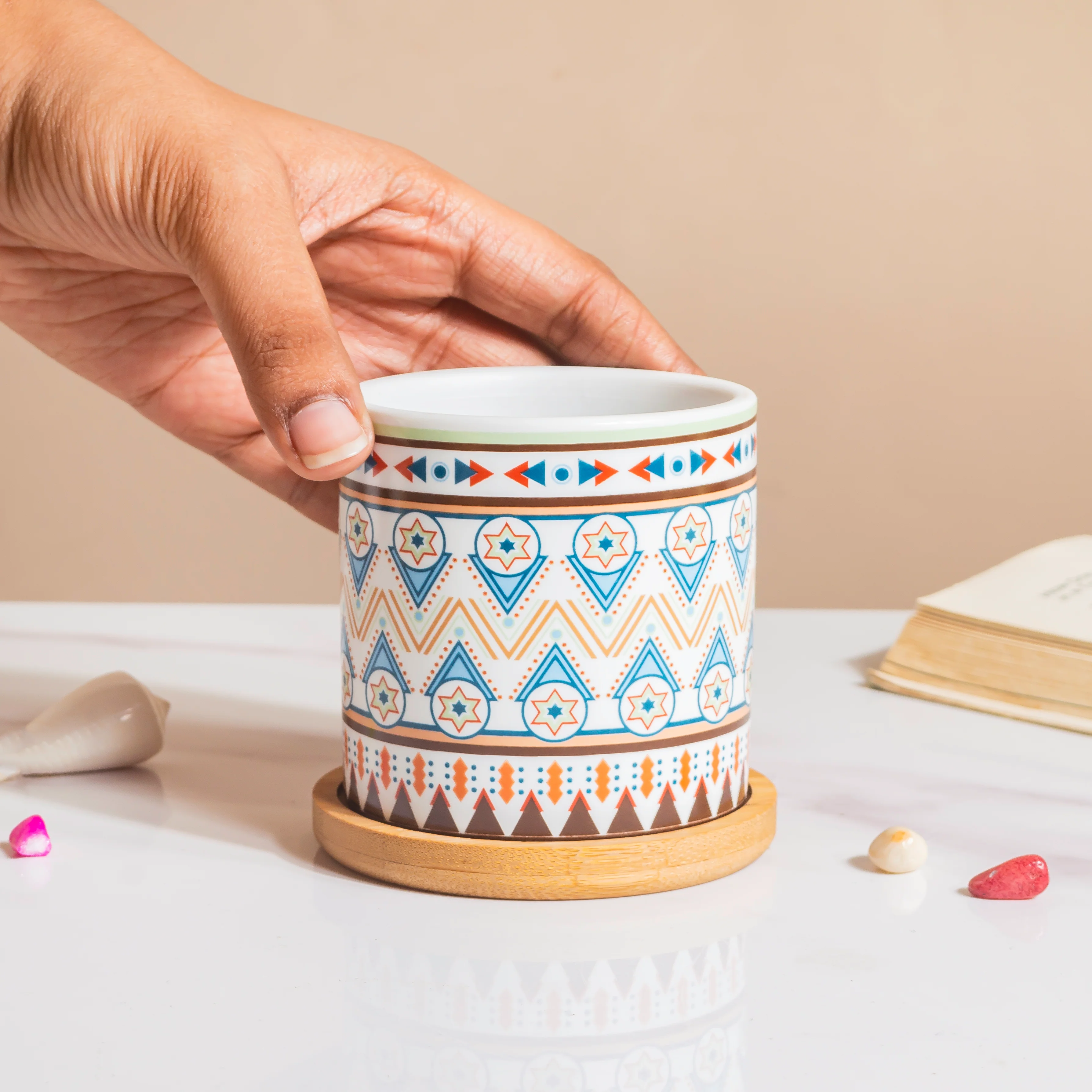 Mandala Print Ceramic Planter Blue With Wooden Coaster - Image 3