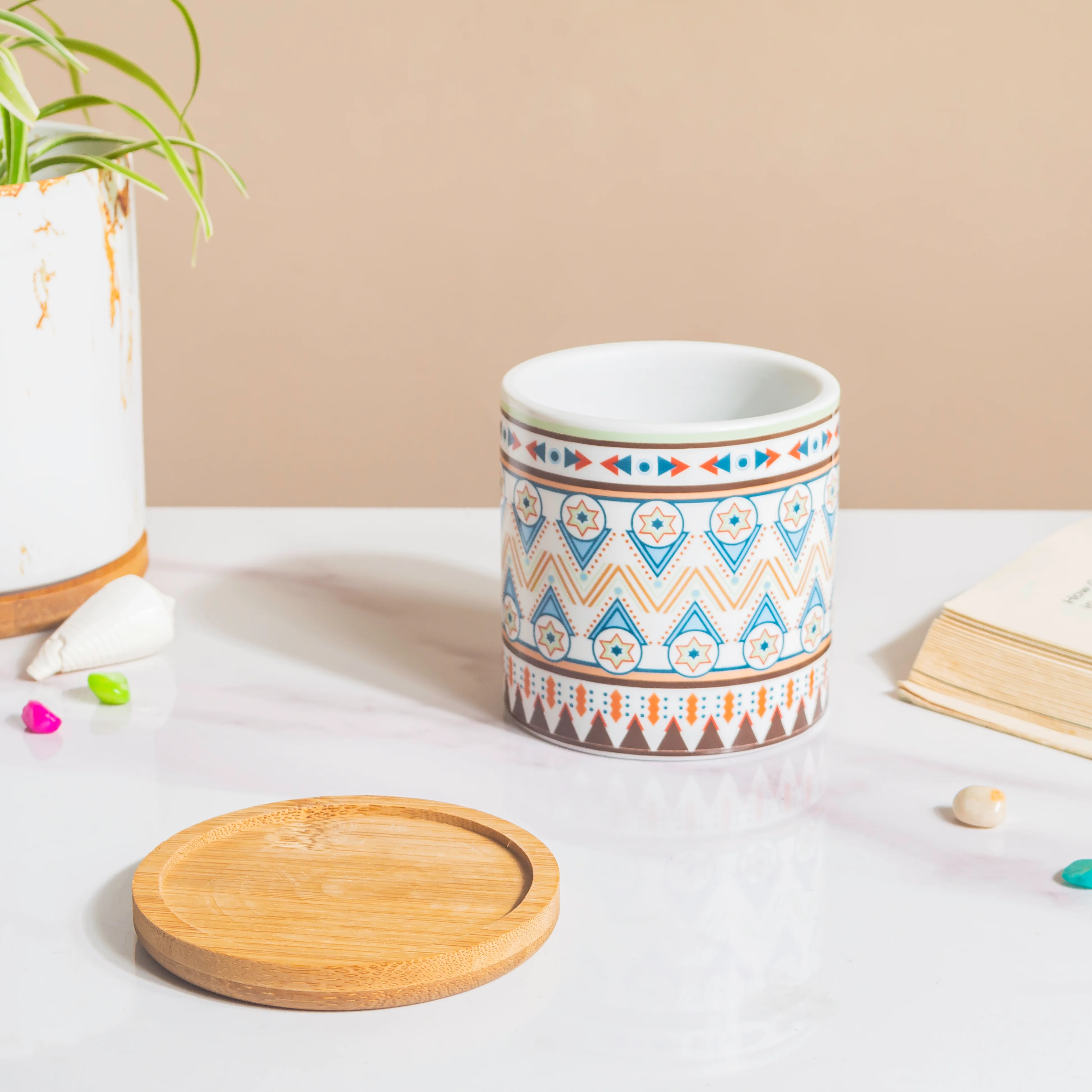 Mandala Print Ceramic Planter Blue With Wooden Coaster - Image 5