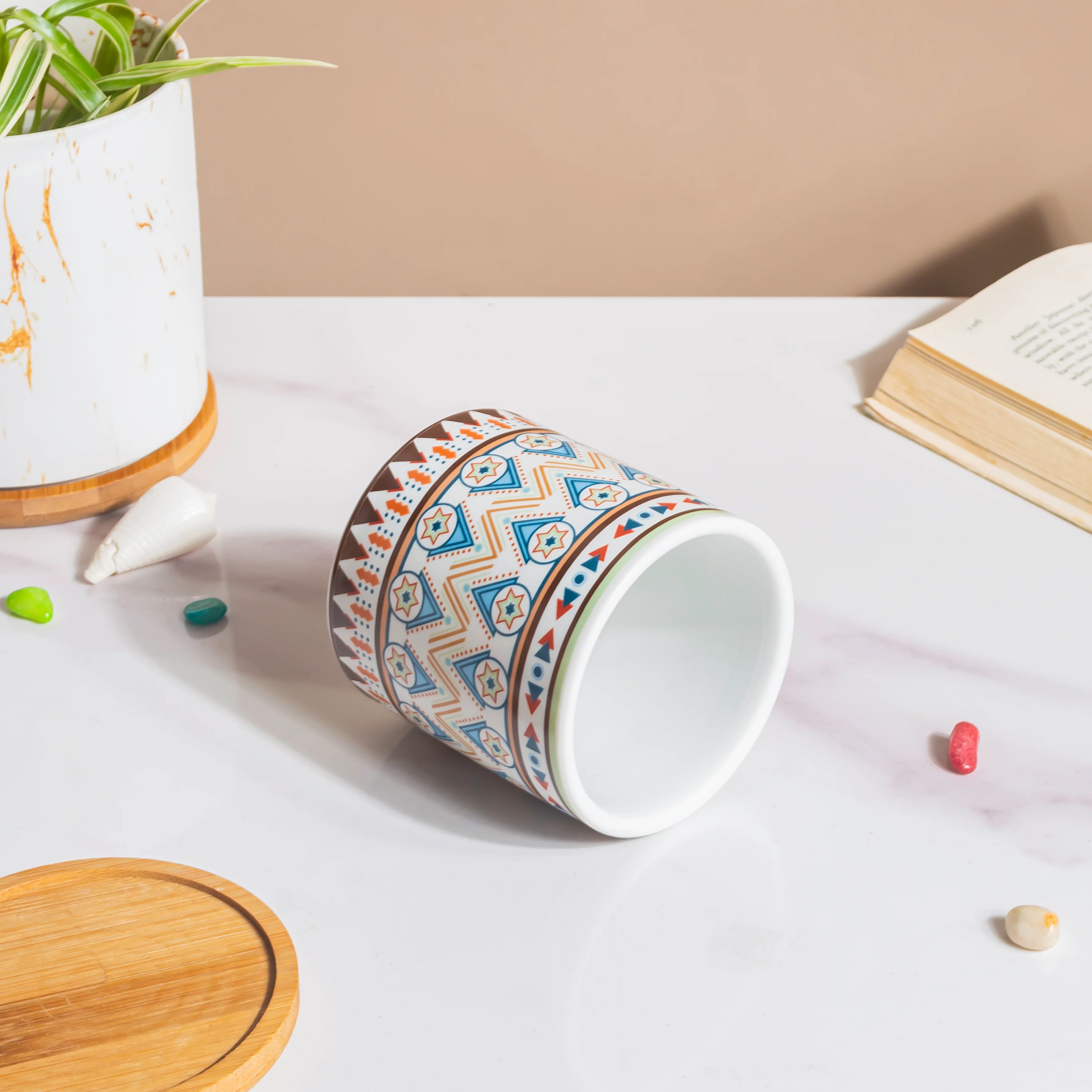 Mandala Print Ceramic Planter Blue With Wooden Coaster - Image 7
