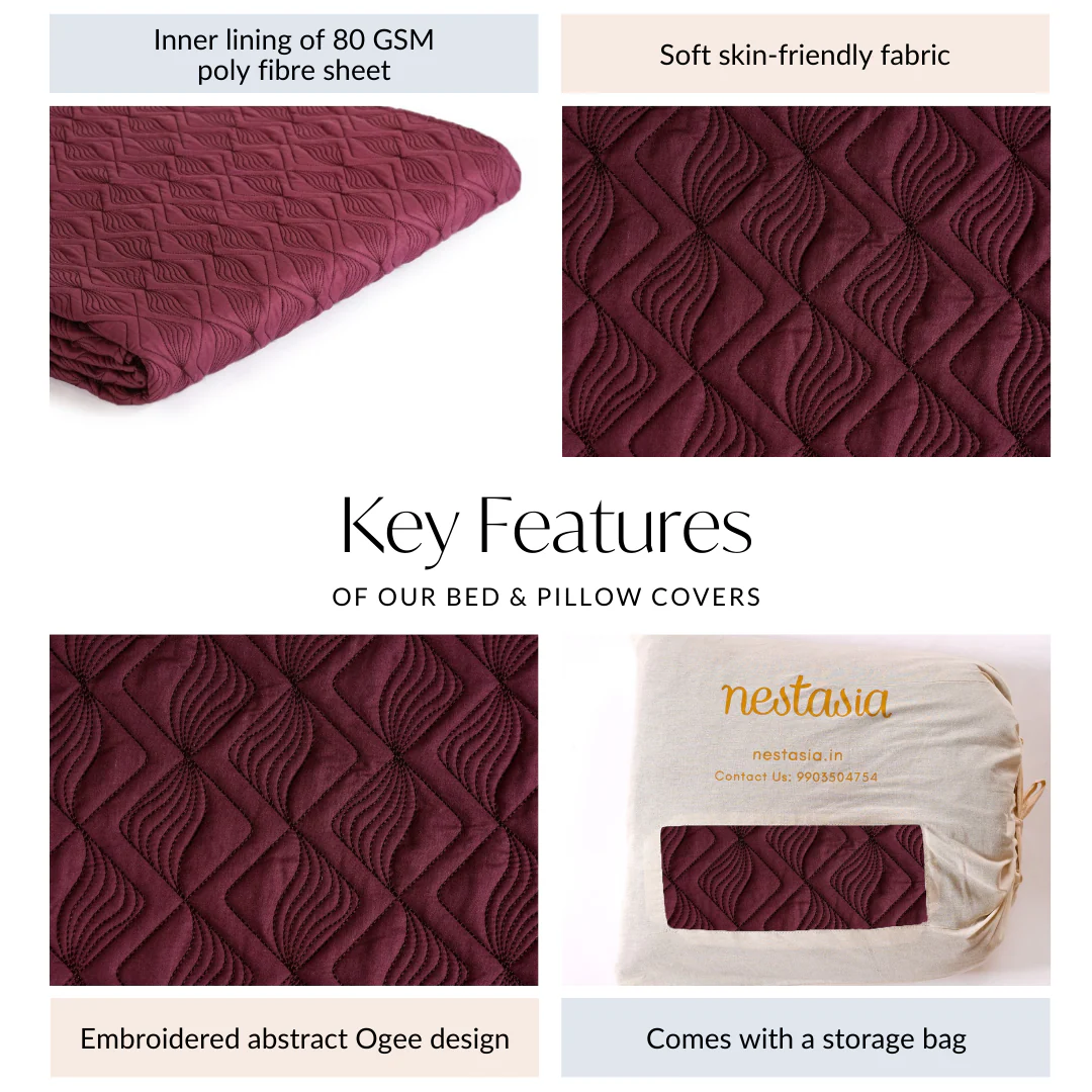 Marsala  Embroidered 210TC Cotton Bed Cover With 2 Pillow Covers - Image 7