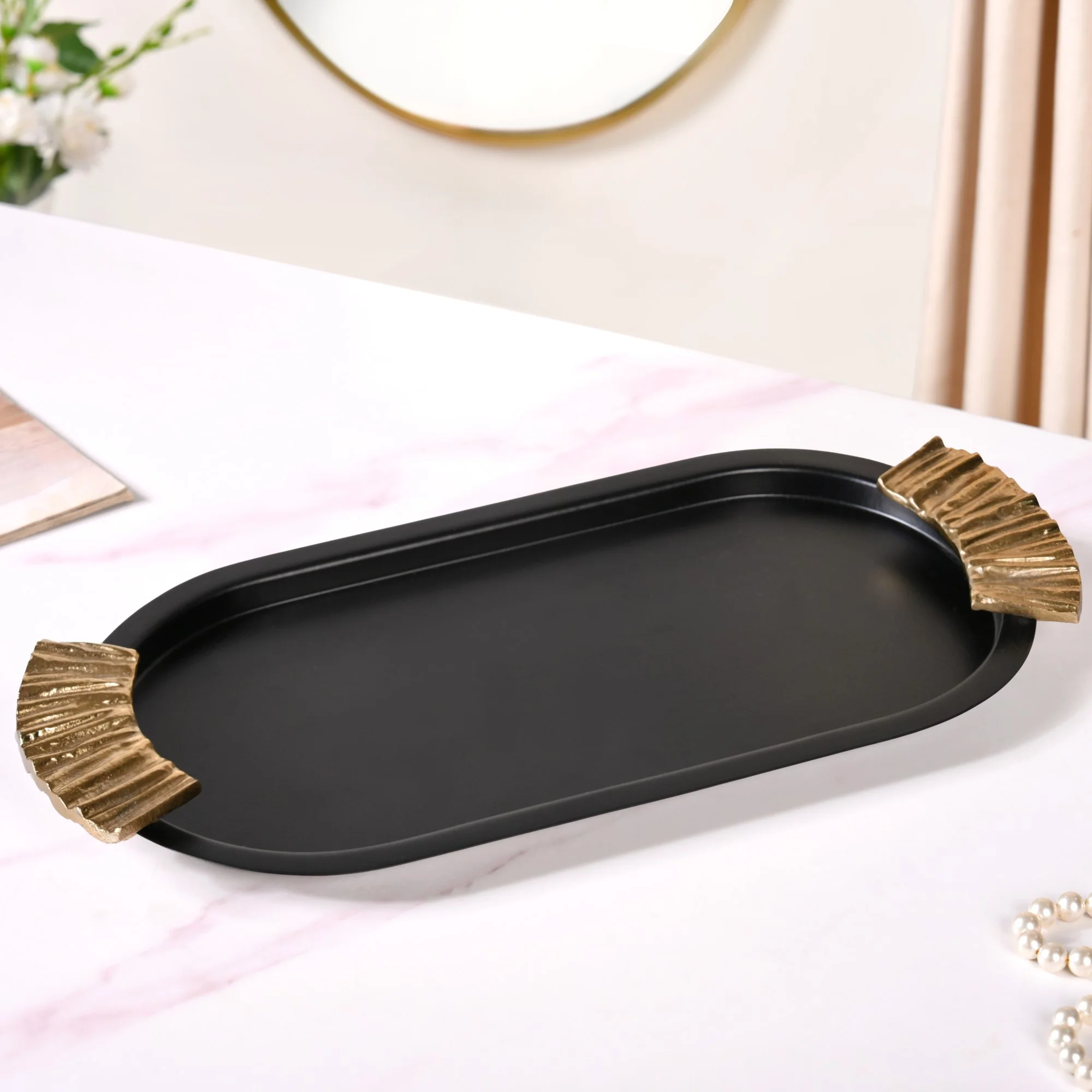 Matte Black Oval Metal Tray With Handles - Image 7