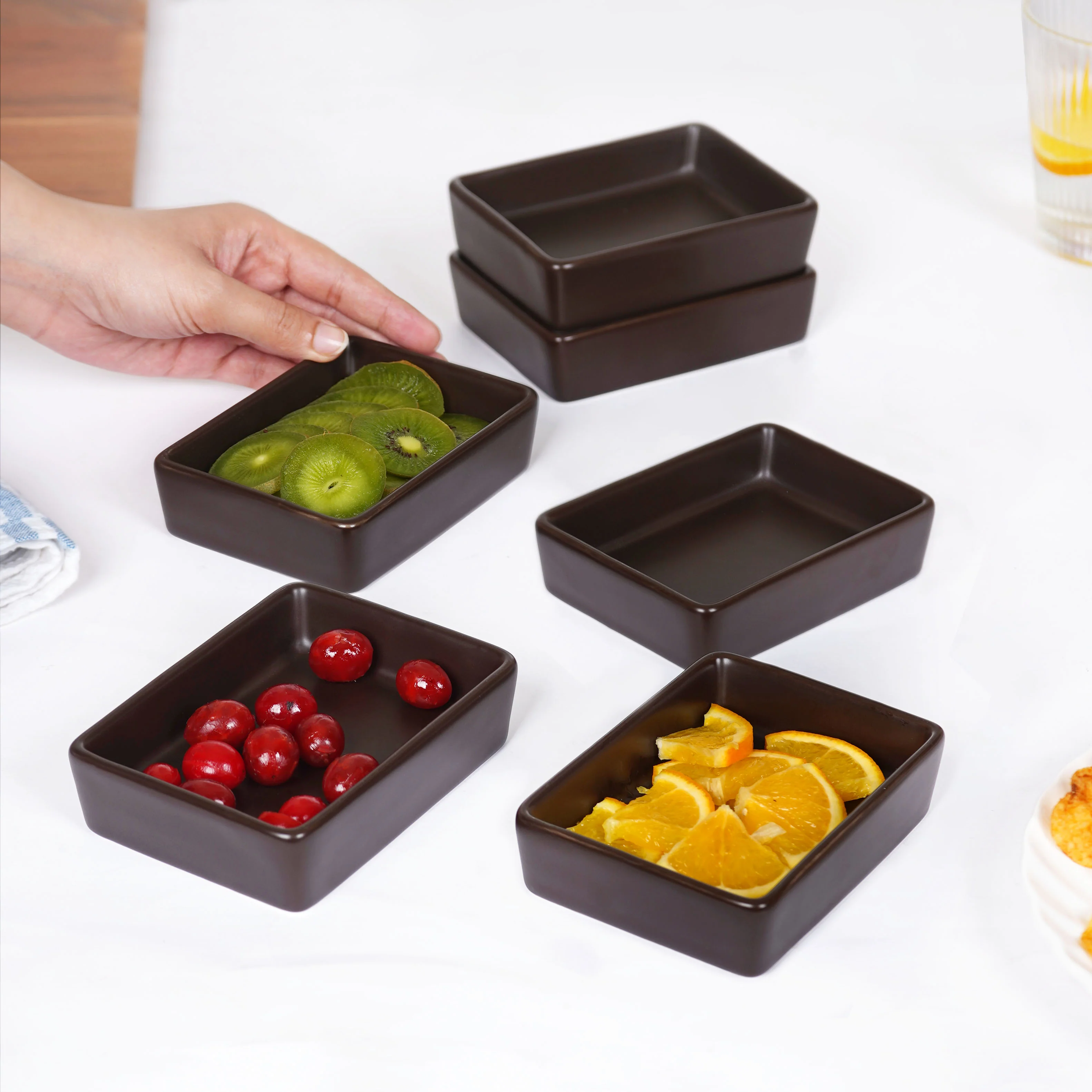 Matte Brown Rectangular Ceramic Dessert Dish Set Of 6 - Image 2