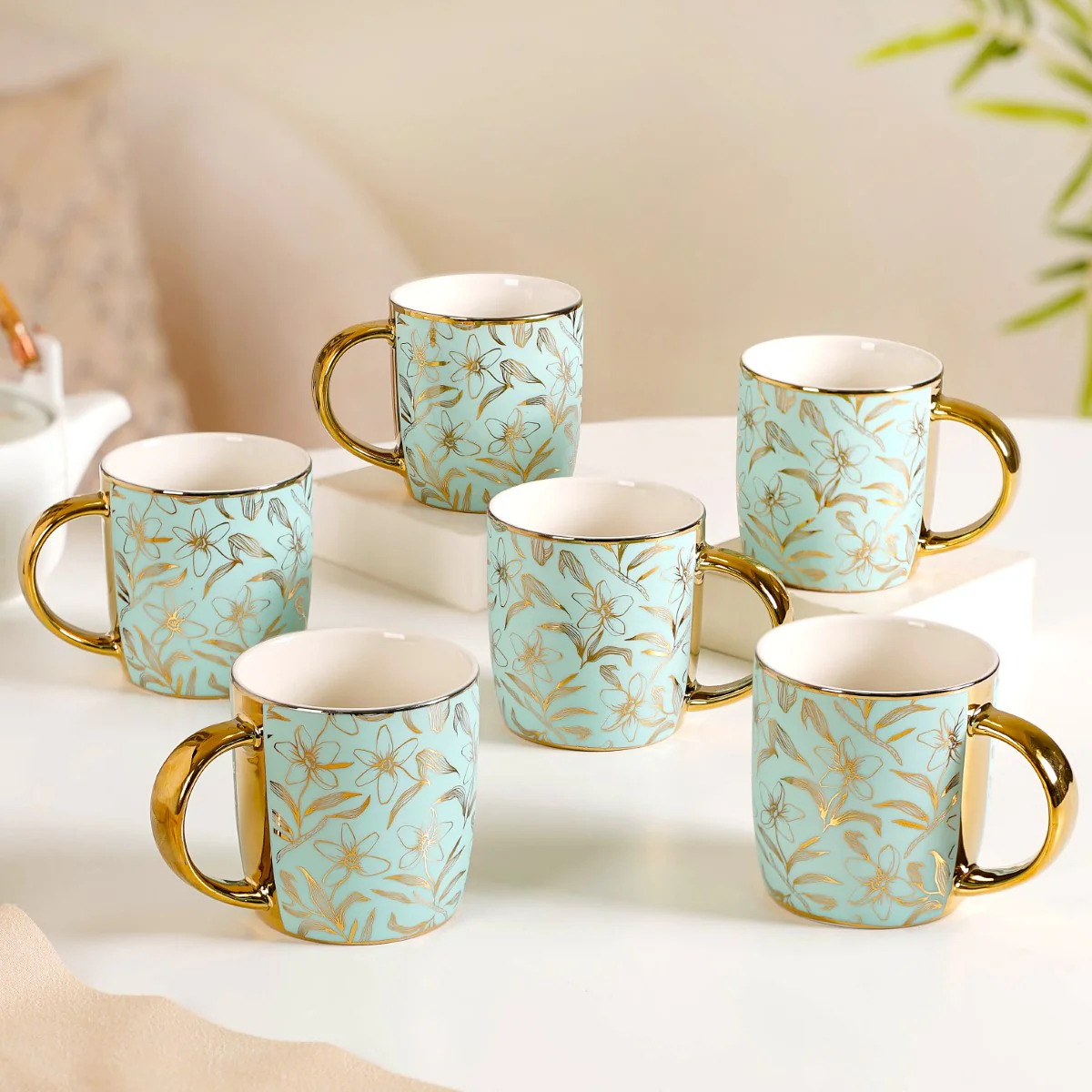 Matte Mint Gold Floral Coffee Cup Set of 6 350ml