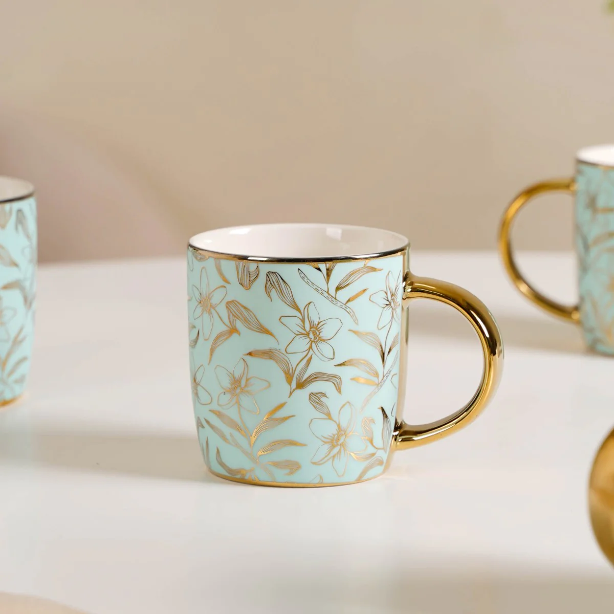 Matte Mint Gold Floral Coffee Cup Set of 6 350ml - Image 3