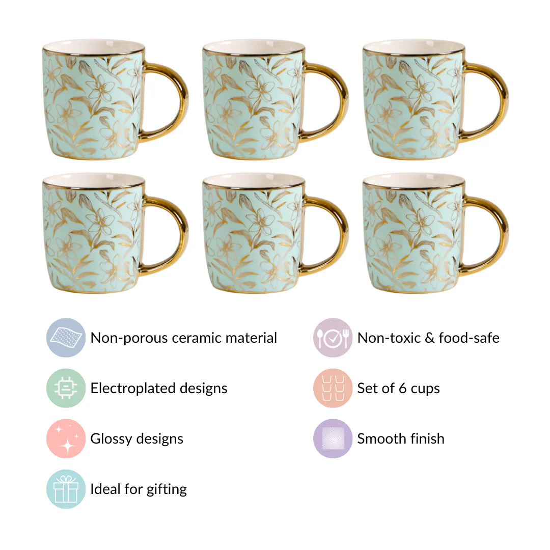 Matte Mint Gold Floral Coffee Cup Set of 6 350ml - Image 4