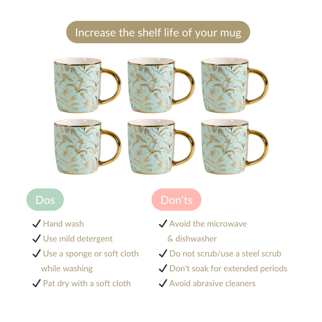 Matte Mint Gold Floral Coffee Cup Set of 6 350ml - Image 5