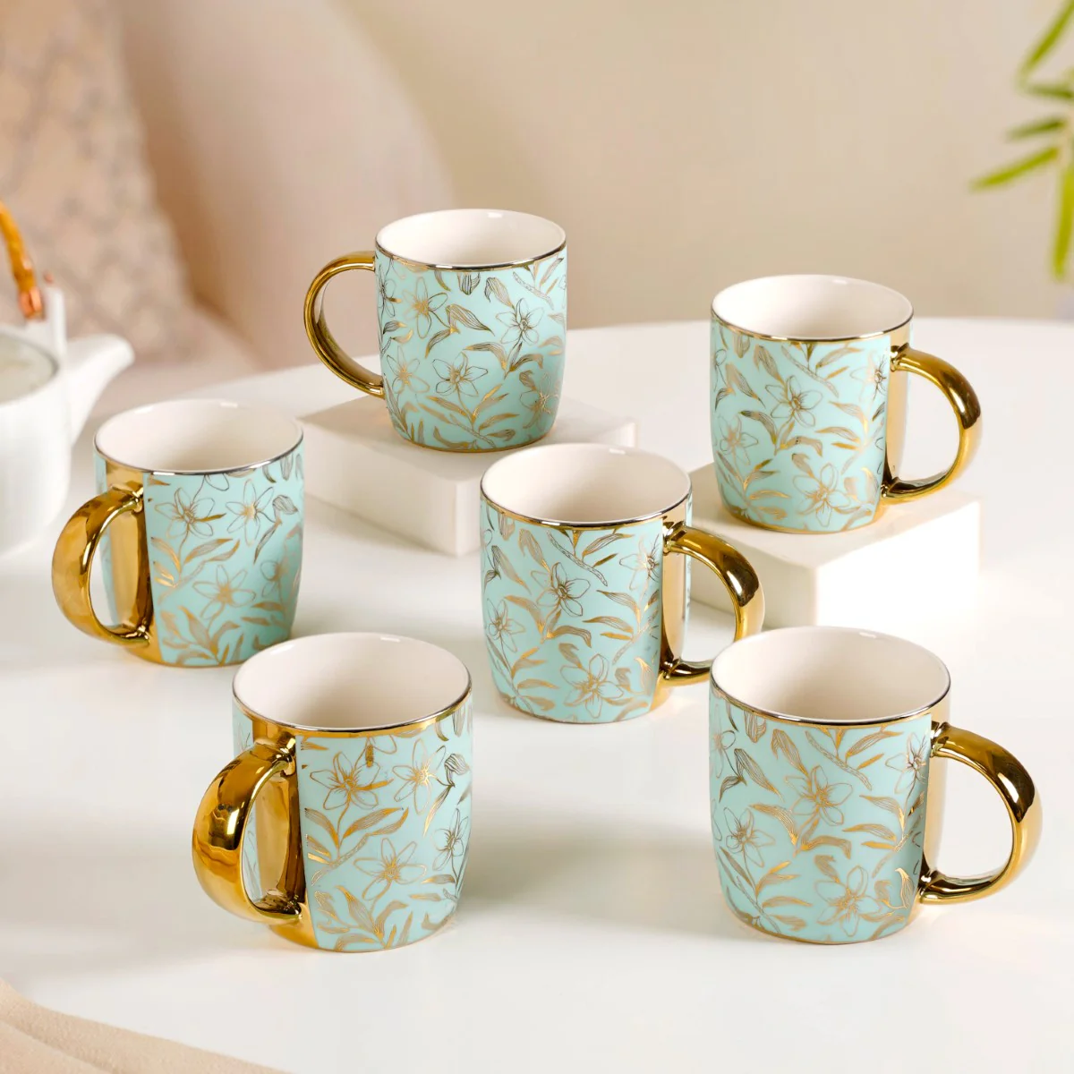 Matte Mint Gold Floral Coffee Cup Set of 6 350ml - Image 8