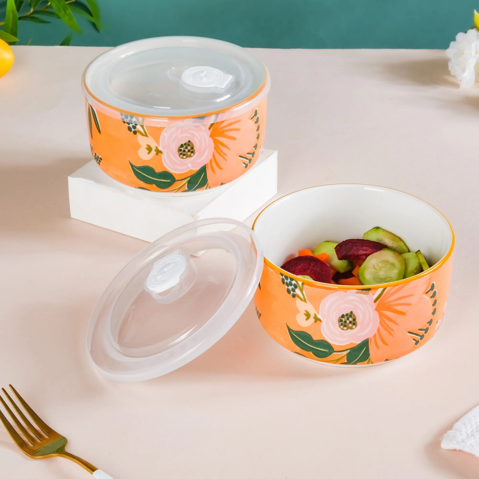 Meadow Muse Ceramic Lunch Box Orange 550 ml Set Of 2 - Image 8