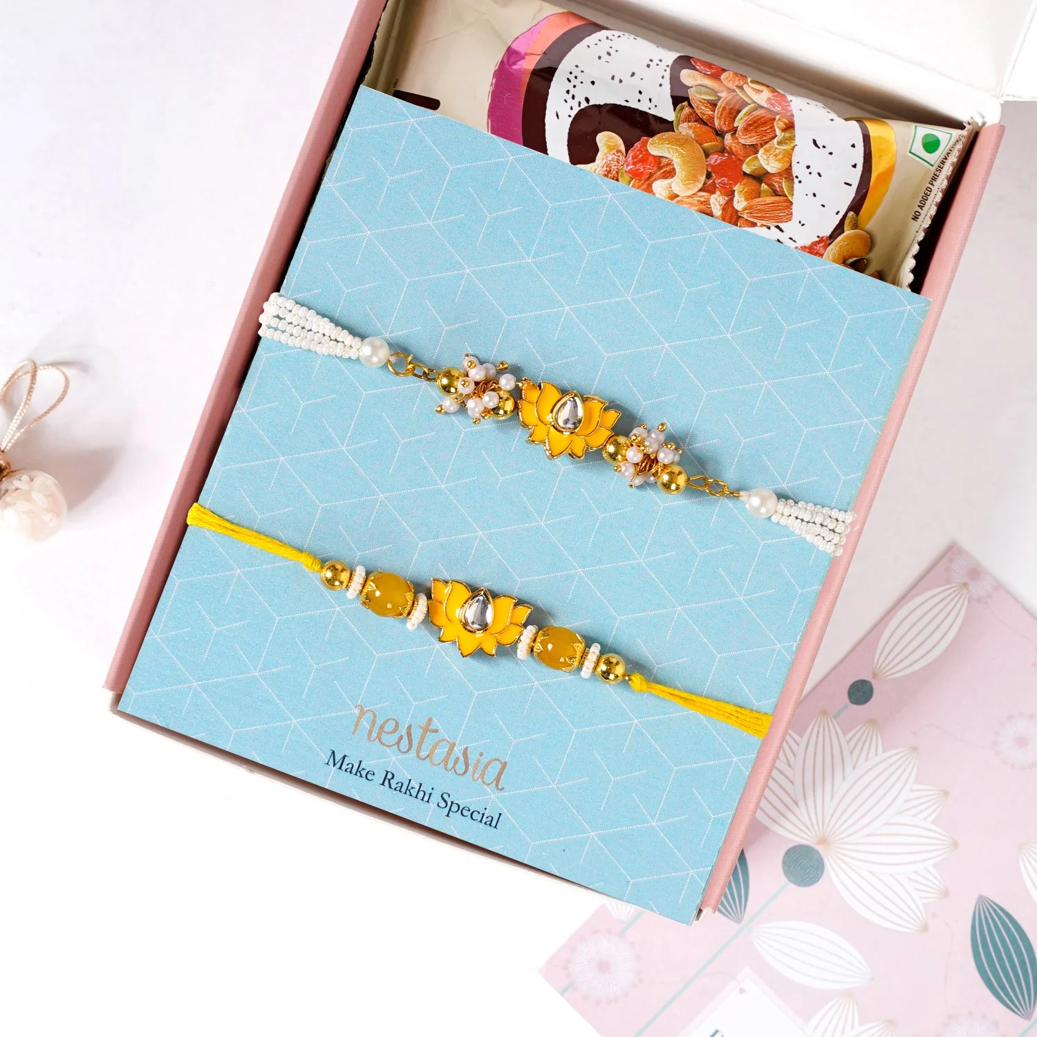 Meenakari Yellow Lotus Rakhi Gift Hamper - Image 7