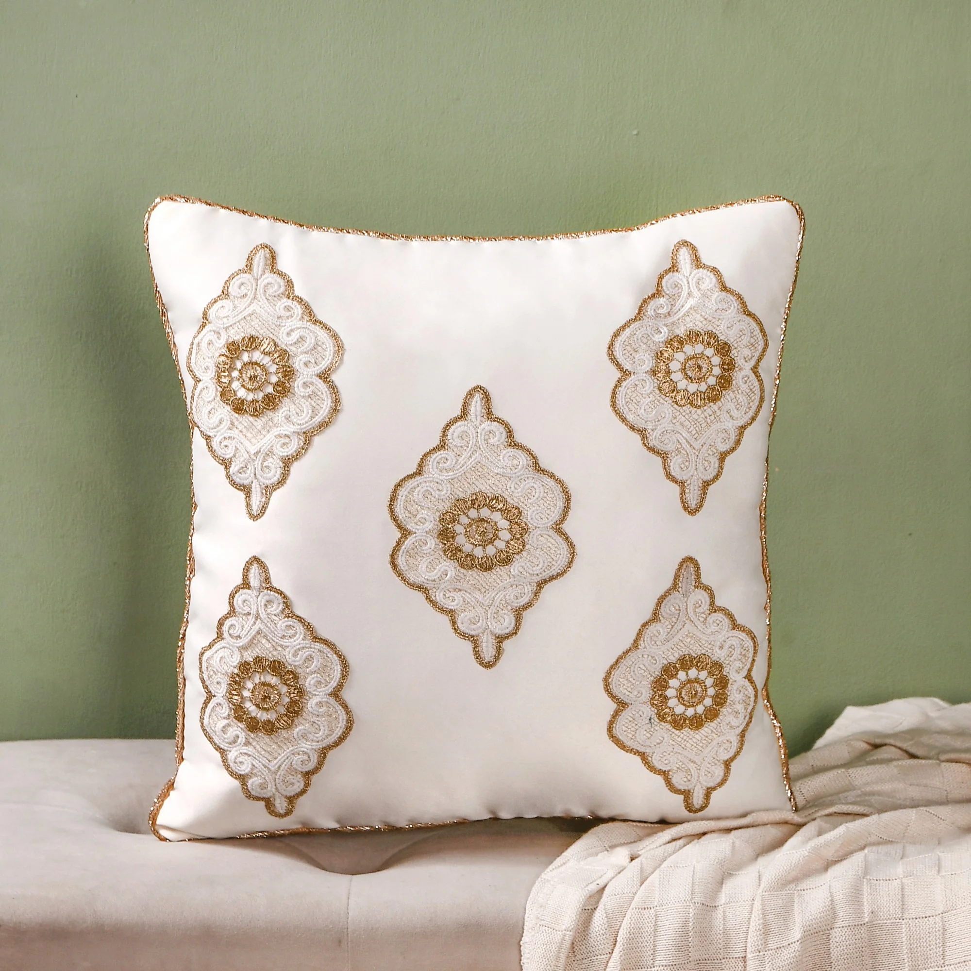 Mehrab Embroidered Zari Lace Cushion Cover Set Of 3 - Image 2