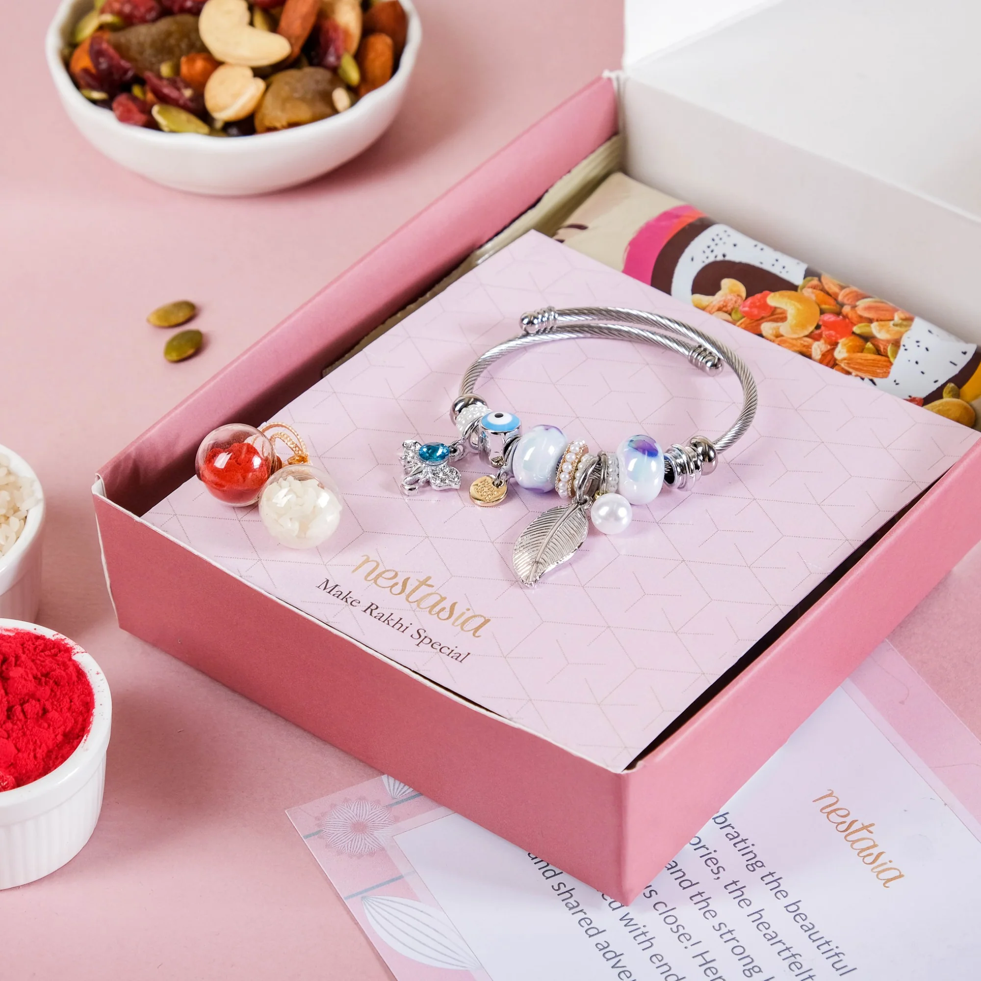Metal Charm Bracelet Rakhi For Sister Set Of 3 With Gift Box And Card - Image 2