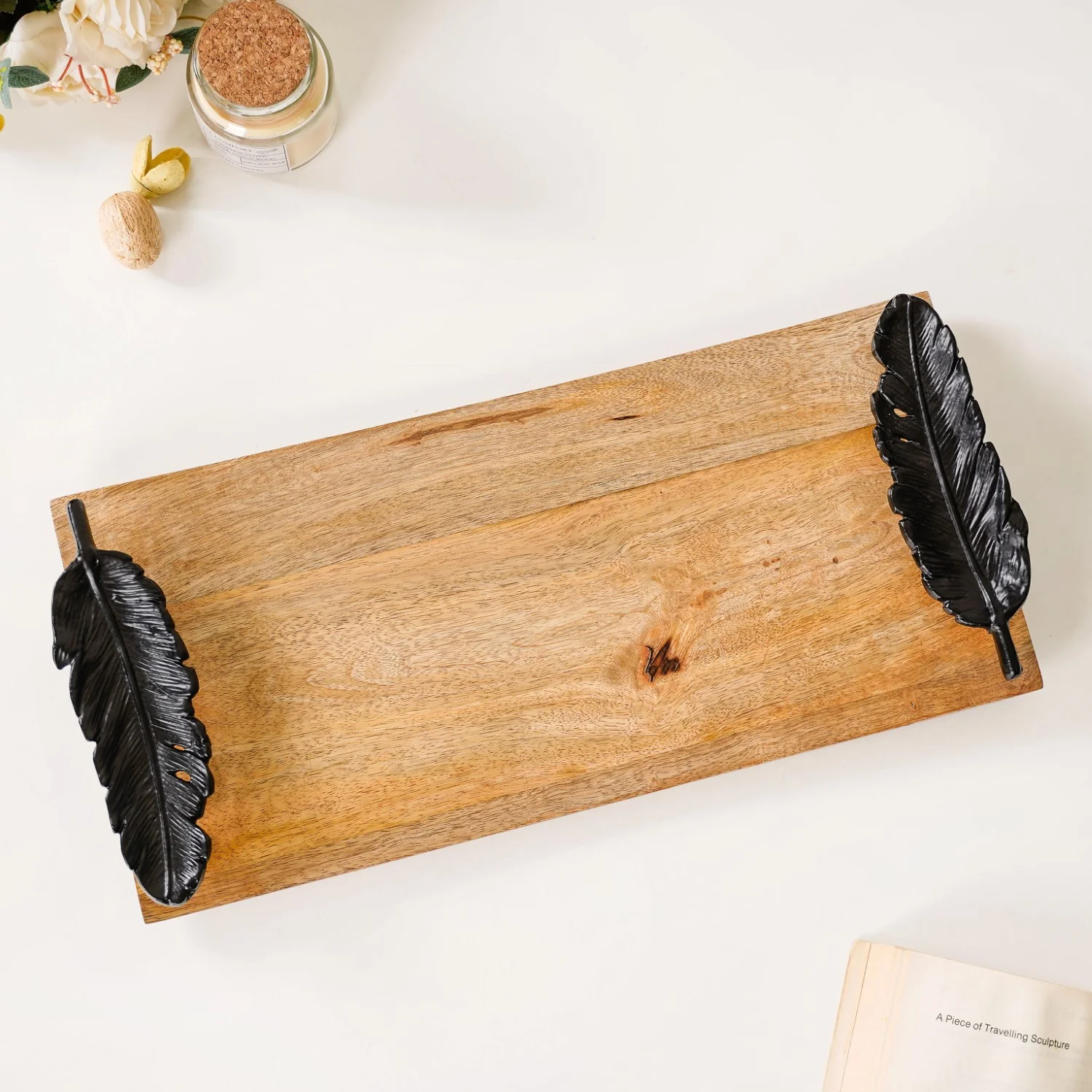 Metal Feather Handle Wooden Tray 15x7 Inch - Image 4